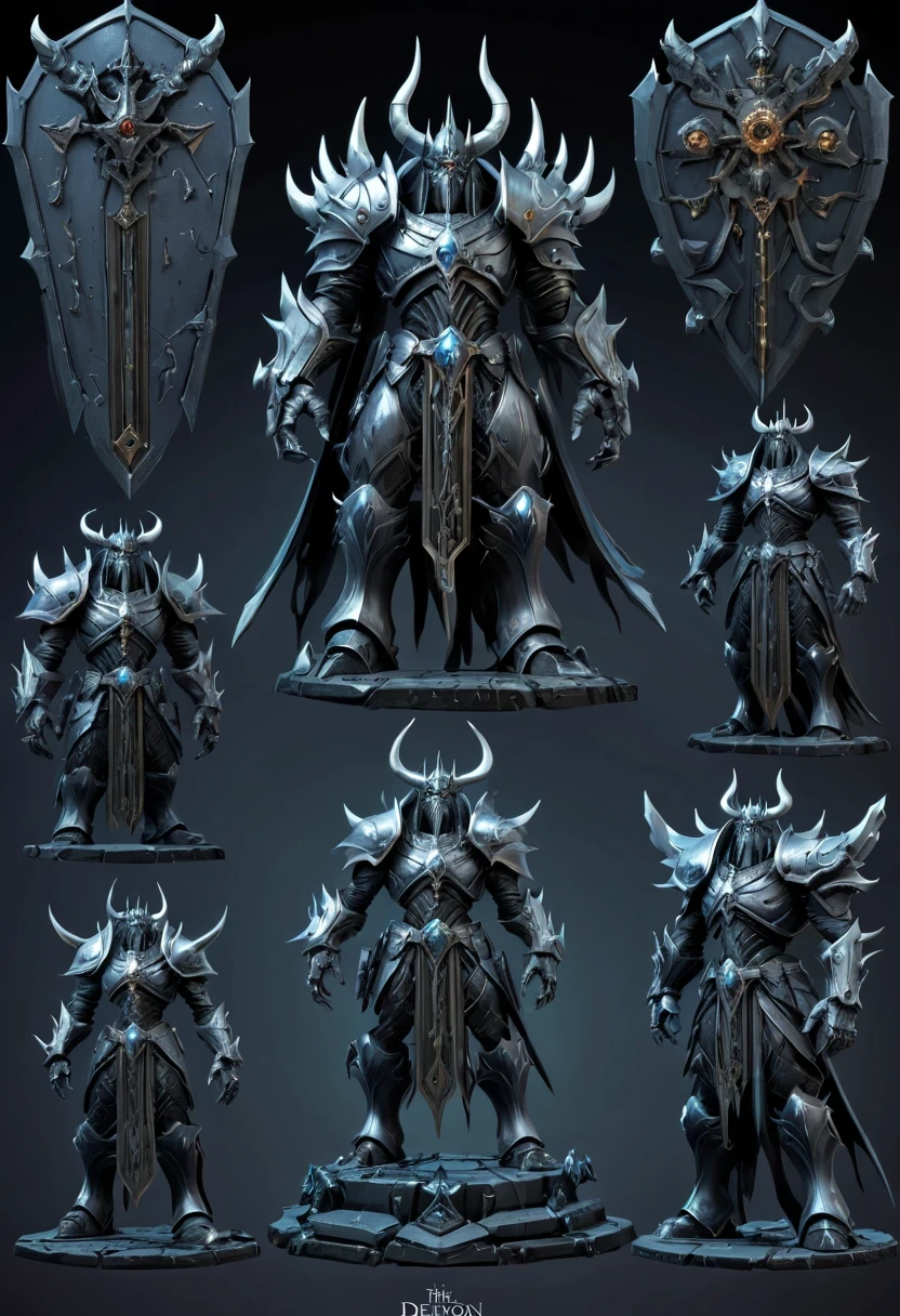 (character design sheet:1.5)，Demonic battlefield，Mechanical Lich King，The Lich King&#39;s future weapons，Mechanical structure，High-tech equipment，magical creatures，three sided view, figure, Reference table, gothic art, ultra high definition, retina, masterpiece, 1080p, 16k, Award-winning