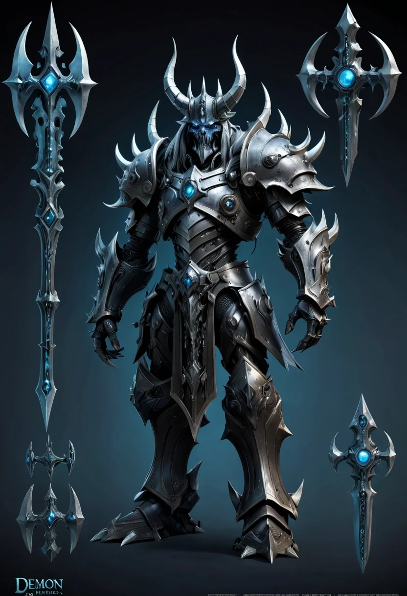 (character design sheet:1.5),Demonic battlefield,Mechanical Lich King,The Lich King's future weapons,Mechanical structure,High-tech equipment,magical creatures,three sided view, figure, Reference table, gothic art, ultra high definition, retina, masterpiece, 1080p, 16k, Award-winning