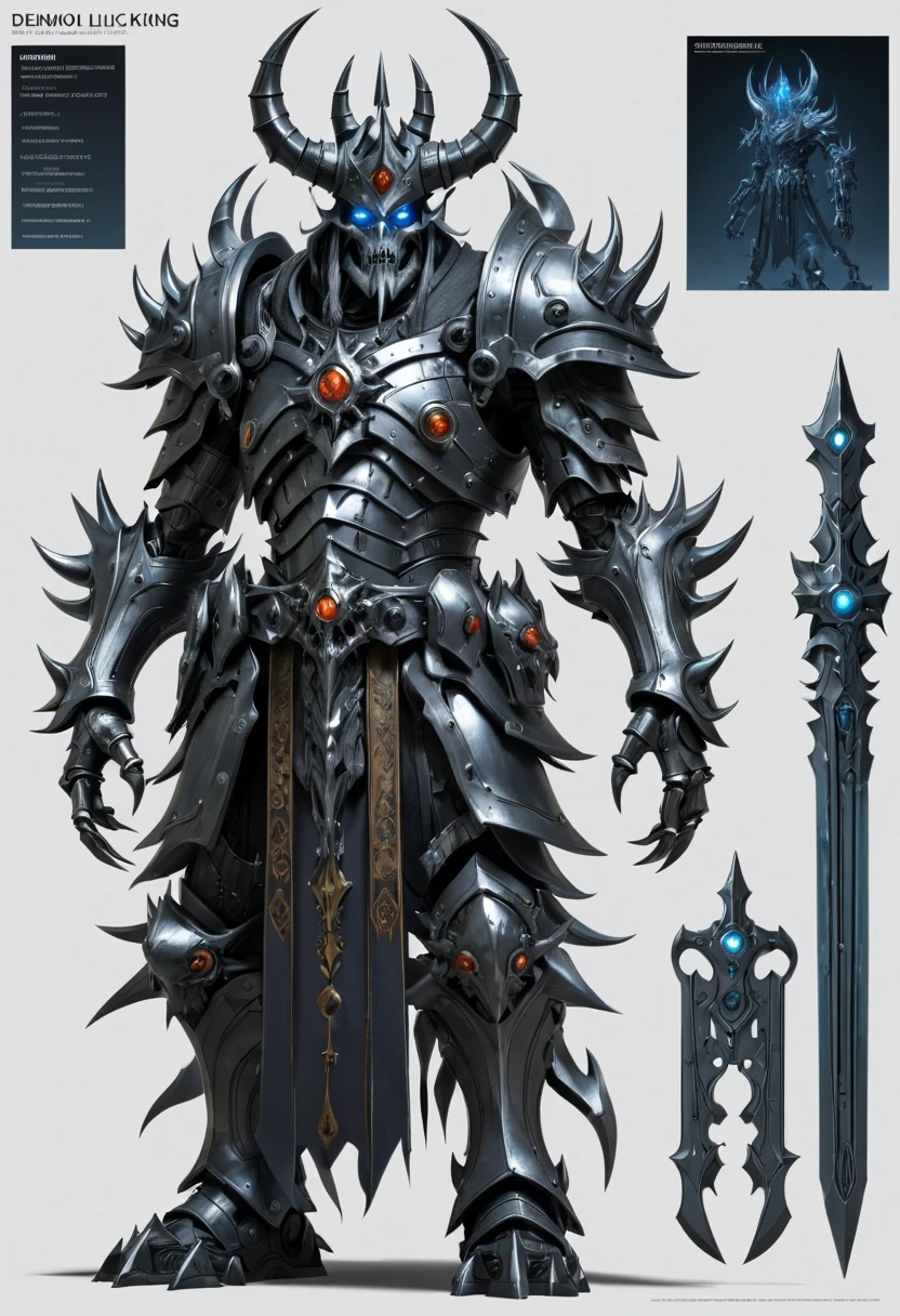 (character design sheet:1.5)，Demonic battlefield，Mechanical Lich King，The Lich King&#39;s future weapons，Mechanical structure，High-tech equipment，magical creatures，three sided view, figure, Reference table, gothic art, ultra high definition, retina, masterpiece, 1080p, 16k, Award-winning