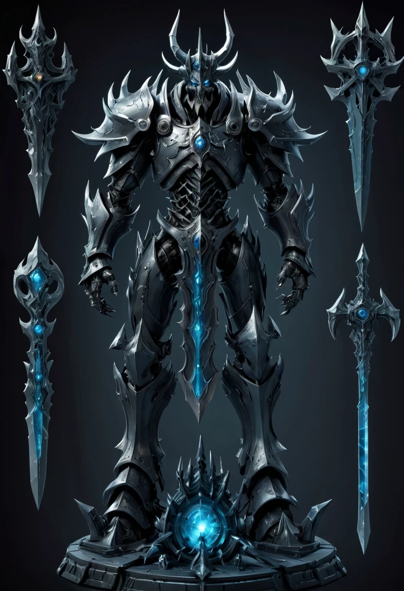 (character design sheet:1.5)，Demonic battlefield，Mechanical Lich King，The Lich King&#39;s future weapons，Mechanical structure，High-tech equipment，magical creatures，three sided view, figure, Reference table, gothic art, ultra high definition, retina, masterpiece, 1080p, 16k, Award-winning