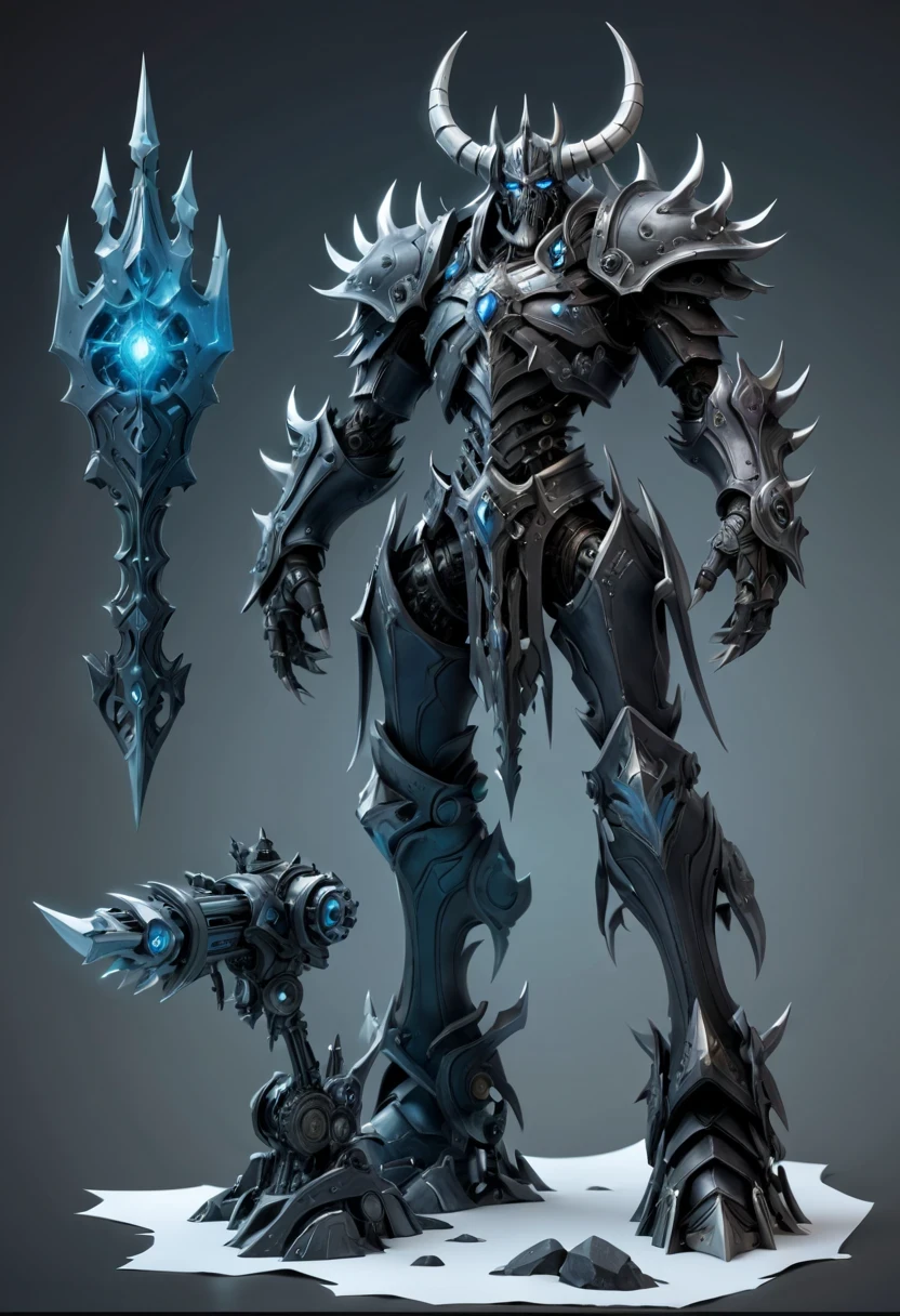 (character design sheet:1.5),Demonic battlefield,Mechanical Lich King,The Lich King's future weapons,Mechanical structure,High-tech equipment,magical creatures,three sided view, figure, Reference table, gothic art, ultra high definition, retina, masterpiece, 1080p, 16k, Award-winning