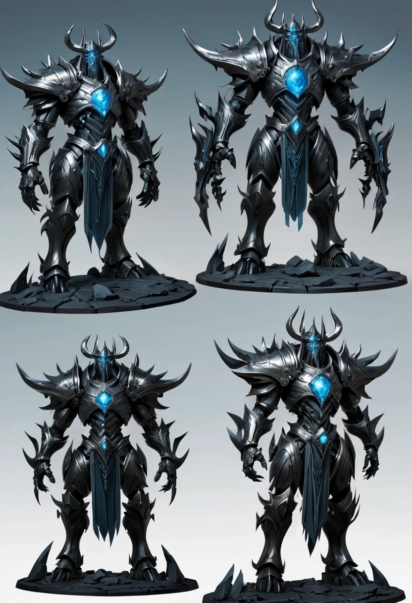 (character design sheet:1.5),Demonic battlefield,Mechanical Lich King,The Lich King's future weapons,Mechanical structure,High-tech equipment,magical creatures,three sided view, figure, Reference table, gothic art, ultra high definition, retina, masterpiece, 1080p, 16k, Award-winning