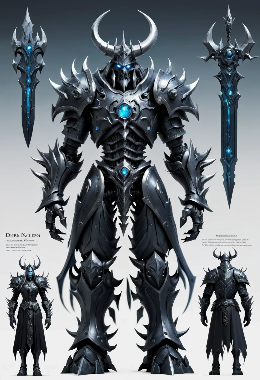 (character design sheet:1.5)，Demonic battlefield，Mechanical Lich King，The Lich King&#39;s future weapons，Mechanical structure，High-tech equipment，magical creatures，three sided view, figure, Reference table, gothic art, ultra high definition, retina, masterpiece, 1080p, 16k, Award-winning