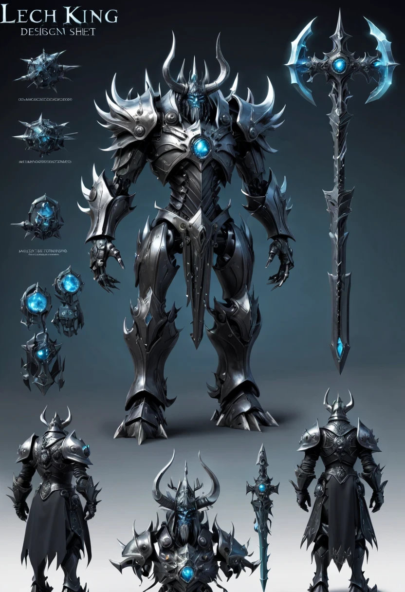 (character design sheet:1.5)，Demonic battlefield，Mechanical Lich King，The Lich King&#39;s future weapons，Mechanical structure，High-tech equipment，magical creatures，three sided view, figure, Reference table, gothic art, ultra high definition, retina, masterpiece, 1080p, 16k, Award-winning