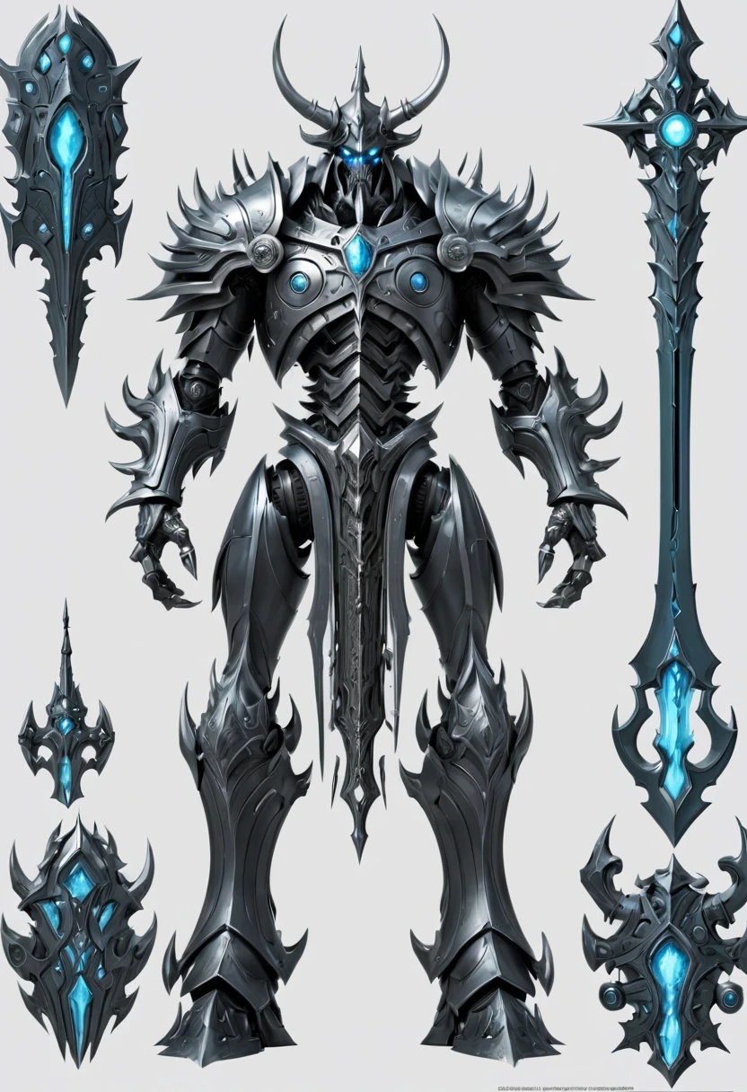 (character design sheet:1.5),Demonic battlefield,Mechanical Lich King,The Lich King's future weapons,Mechanical structure,High-tech equipment,magical creatures,three sided view, figure, Reference table, gothic art, ultra high definition, retina, masterpiece, 1080p, 16k, Award-winning