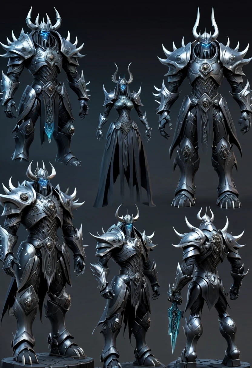 (character design sheet:1.5)，Demonic battlefield，Mechanical Lich King，The Lich King&#39;s future weapons，Mechanical structure，High-tech equipment，magical creatures，three sided view, figure, Reference table, gothic art, ultra high definition, retina, masterpiece, 1080p, 16k, Award-winning