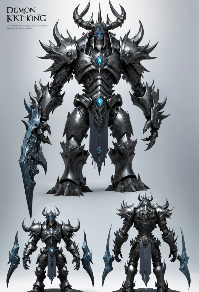 (character design sheet:1.5)，Demonic battlefield，Mechanical Lich King，The Lich King&#39;s future weapons，Mechanical structure，High-tech equipment，magical creatures，three sided view, figure, Reference table, gothic art, ultra high definition, retina, masterpiece, 1080p, 16k, Award-winning