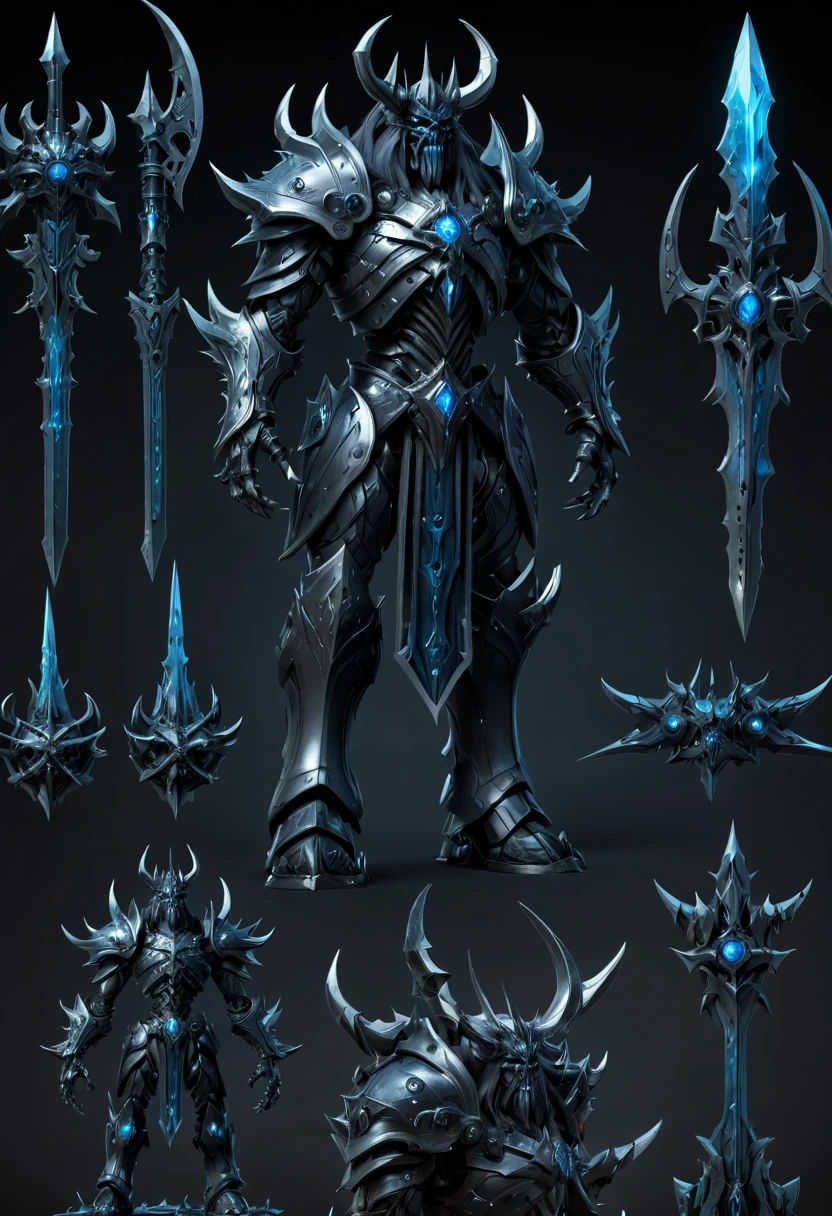 (character design sheet:1.5)，Demonic battlefield，Mechanical Lich King，The Lich King&#39;s future weapons，Mechanical structure，High-tech equipment，magical creatures，three sided view, figure, Reference table, gothic art, ultra high definition, retina, masterpiece, 1080p, 16k, Award-winning