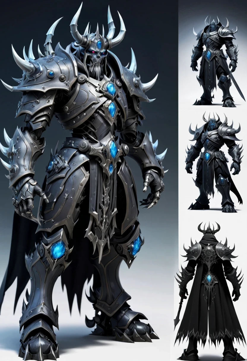 (character design sheet:1.5),Demonic battlefield,Mechanical Lich King,The Lich King's future weapons,Mechanical structure,High-tech equipment,magical creatures,three sided view, figure, Reference table, gothic art, ultra high definition, retina, masterpiece, 1080p, 16k, Award-winning