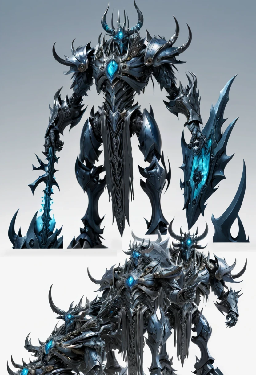 (character design sheet:1.5)，Demonic battlefield，Mechanical Lich King，The Lich King&#39;s future weapons，Mechanical structure，High-tech equipment，magical creatures，three sided view, figure, Reference table, gothic art, ultra high definition, retina, masterpiece, 1080p, 16k, Award-winning