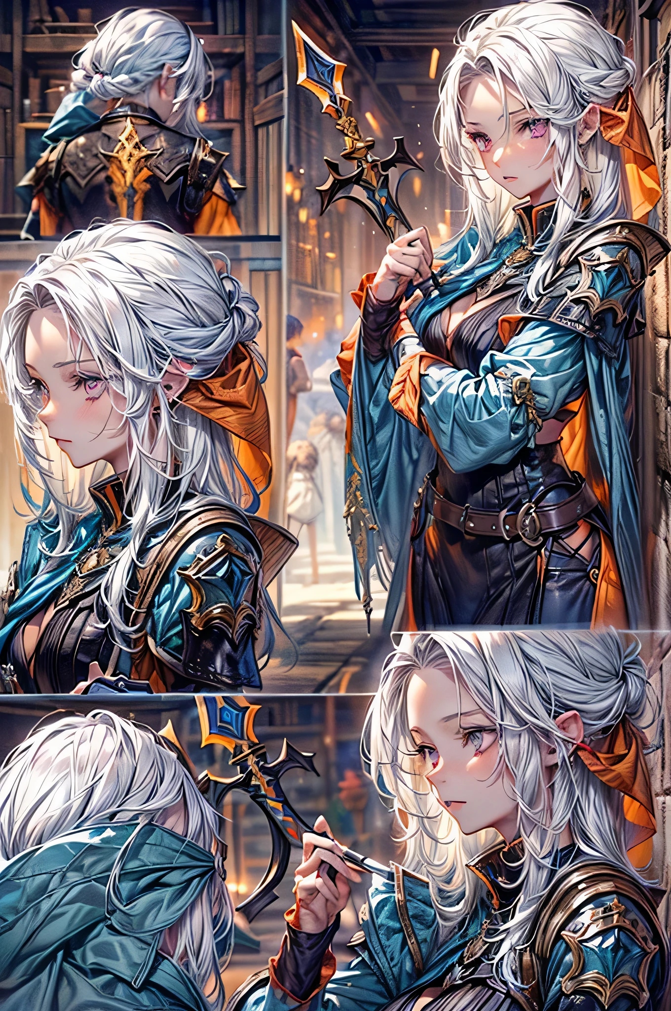 (character design sheet: 1.5) by Larry Elmor, fantasy art, dnd art, RPG art, intense details, highly detailed, photorealistic, best quality, highres, (character design sheet: 1.5) a female (fantasy art, Masterpiece, best quality: 1.3) ((blue skin: 1.5)), intense details facial details, exquisite beauty, (fantasy art, Masterpiece, best quality) cleric, (blue: 1.3) skinned female, (white hair: 1.4), long hair, (hair hides ears: 1.5), (purple eyes: 1.3), fantasy art, Masterpiece, best quality) armed a fiery sword red fire, wearing heavy (white: 1.3) half plate mail armor, wearing high heeled laced boots, wearing an(orange :1.3) cloak, wearing glowing holy symbol GlowingRunes_yellow, within fantasy temple background, reflection light, high details, best quality, 16k, [ultra detailed], masterpiece, best quality, (extremely detailed), close up, ultra wide shot, photorealistic, RAW, fantasy art, dnd art, fantasy art, realistic art,((best quality)), ((masterpiece)), (detailed), perfect face,