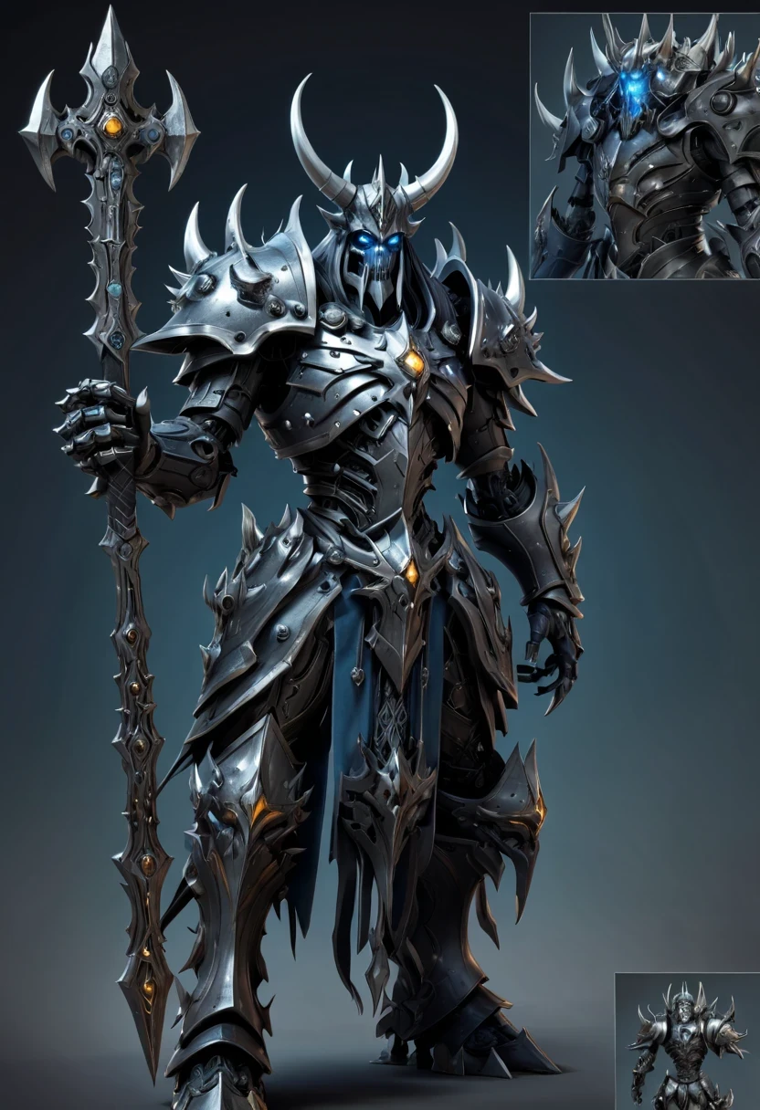(character design sheet:1.5)，Demonic battlefield，Mechanical Lich King，The Lich King&#39;s future weapons，Mechanical structure，High-tech equipment，magical creatures，three sided view, figure, Reference table, gothic art, ultra high definition, retina, masterpiece, 1080p, 16k, Award-winning