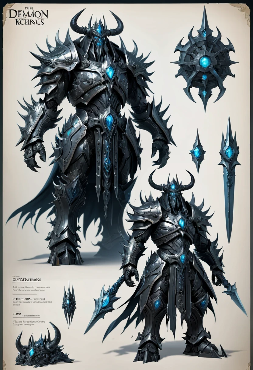 (character design sheet:1.5)，Demonic battlefield，Mechanical Lich King，The Lich King&#39;s future weapons，Mechanical structure，High-tech equipment，magical creatures，three sided view, figure, Reference table, gothic art, ultra high definition, retina, masterpiece, 1080p, 16k, Award-winning