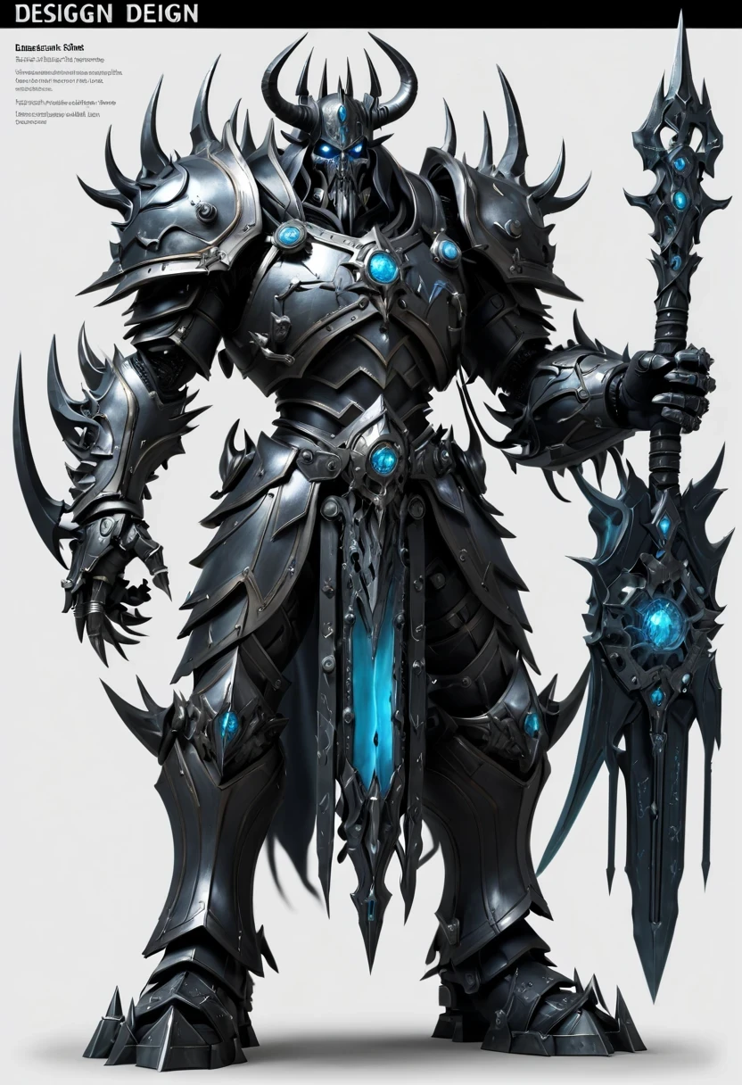 (character design sheet:1.5)，Demonic battlefield，Mechanical Lich King，The Lich King&#39;s future weapons，Mechanical structure，High-tech equipment，magical creatures，three sided view, figure, Reference table, gothic art, ultra high definition, retina, masterpiece, 1080p, 16k, Award-winning