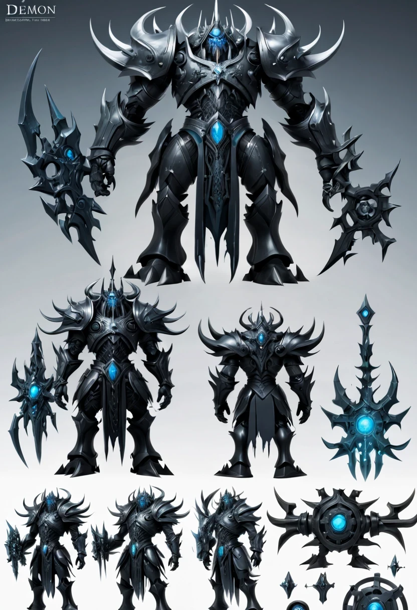 (character design sheet:1.5)，Demonic battlefield，Mechanical Lich King，The Lich King&#39;s future weapons，Mechanical structure，High-tech equipment，magical creatures，three sided view, figure, Reference table, gothic art, ultra high definition, retina, masterpiece, 1080p, 16k, Award-winning