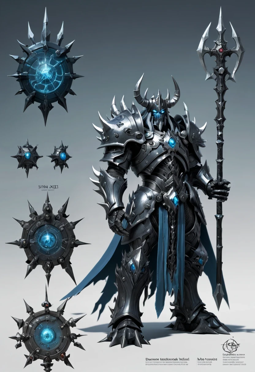 (character design sheet:1.5)，Demonic battlefield，Mechanical Lich King，The Lich King&#39;s future weapons，Mechanical structure，High-tech equipment，magical creatures，three sided view, figure, Reference table, gothic art, ultra high definition, retina, masterpiece, 1080p, 16k, Award-winning