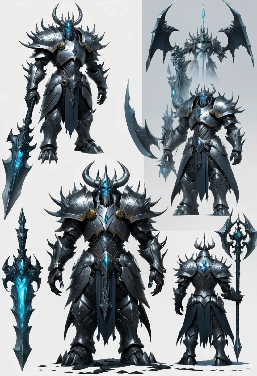 (character design sheet:1.5)，Demonic battlefield，Mechanical Lich King，The Lich King&#39;s future weapons，Mechanical structure，High-tech equipment，magical creatures，three sided view, figure, Reference table, gothic art, ultra high definition, retina, masterpiece, 1080p, 16k, Award-winning