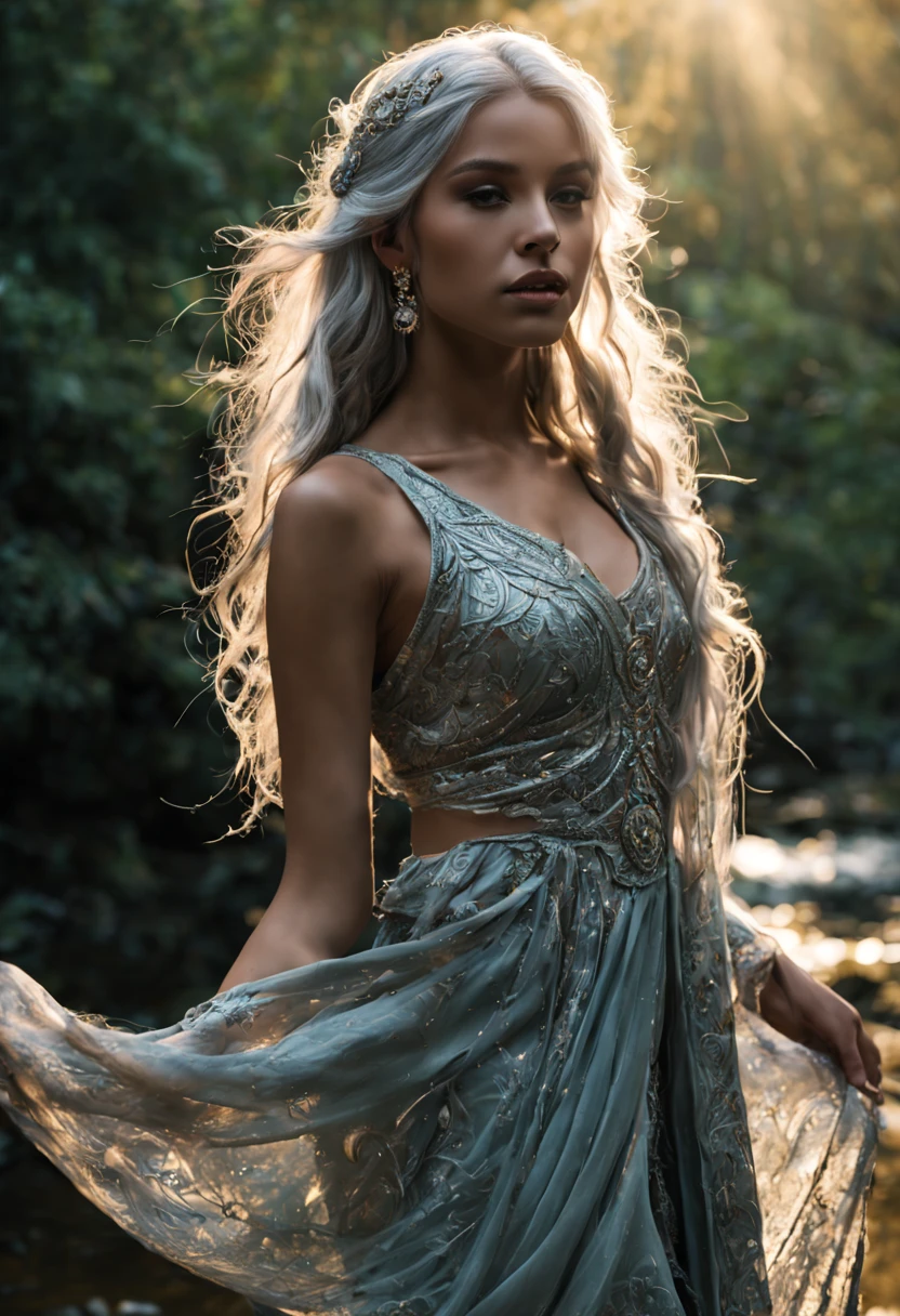 (a beautiful girl|a young woman|a graceful lady) with (shimmering|glistening|silver) ankle-length hair, wearing a (delicate|airy|flowing) tribal outfit (made of|spun from) (fine|delicate) (spider silk|silk), (resembling|similar to) a dark elf. She appears to be around 25 years old. The (immaculate|intricate) tribal patterns on her outfit add to her (mysterious|enchanting) aura. Her (piercing|alluring) eyes are (bright|sparkling) and (full of determination). Her (lipouth) are perfectly shaped and adorned with a (subtle|gentle) hint of color. She is (gracefully|elegantly) (bent down|crouching|stooped) by a (clear|crystal-like) stream, delicately gathering water with her (bare|long-fingered) hands. The stream's clear water reflects the surrounding (lush|vibrant) vegetation, adding a (serene|calming) touch to the scene. (Sunlight|Gentle rays of sunlight) peep through the canopy, (illuminating|highlighting) her (radiant|luminous) features. The atmosphere is filled with a sense of tranquility and (harmony|peace). The image quality is of the utmost importance, with (best quality|4k resolution|ultra-detailed) details. The colors are (vivid|rich|deep), enhancing the overall (visual impact|aesthetic appeal). The lighting is (soft|gentle|subtle) yet (enough to accentuate|perfectly highlighting) the girl's facial features and the landscape. The blend of (nature-inspired|ethereal) tones and shades adds a touch of (mysticism|magic) to the artwork. The artistic style successfully combines elements of fantasy and realism, with a focus on (capturing|portraying) the girl's (natural beauty|ethereal grace). The scene is reminiscent of a (captivating|enchanting) artwork that invites viewers into a world of wonder and awe.