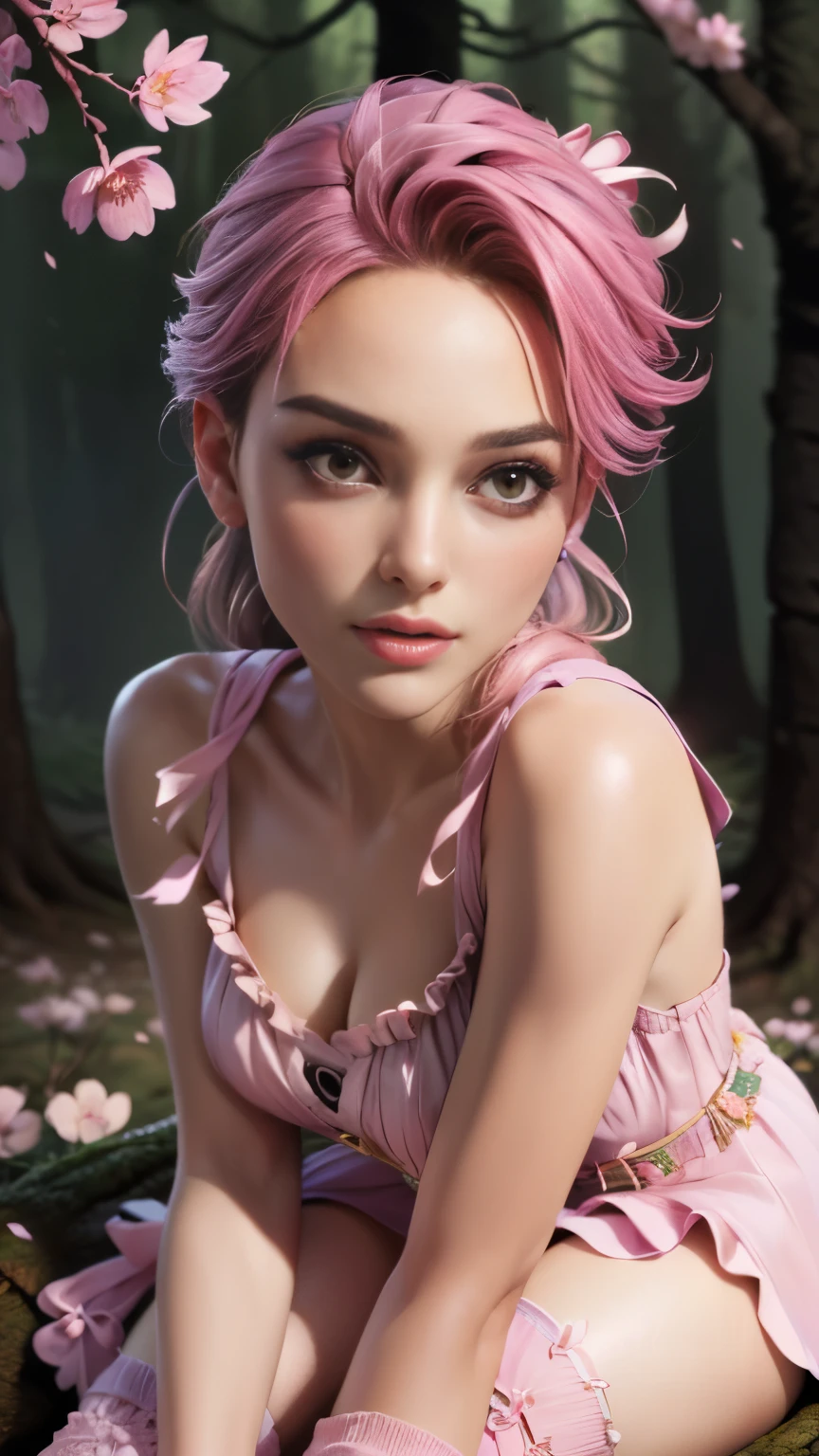 photo of celebrity, RAW, beautiful woman, ((portrait)), ((detailed face, colorful rainbow hair:1.2)), ((detailed facial feature, detailed skin, clear skin, parted lips), (perfect proportioned body, medium breasts, cleavage), (wearing pink dress with cherry blossoms, sheer dress, frills and ribbons, pink knee highs, mini skirt, seductive thighs, Dazzling aura around: 1.5)), (high detailed mystical Forest background: 1.3), (realistic photo, best quality, detailed), (8k wallpaper), (cinematic lighting, dramatic lighting) (sharp focus, intricate)