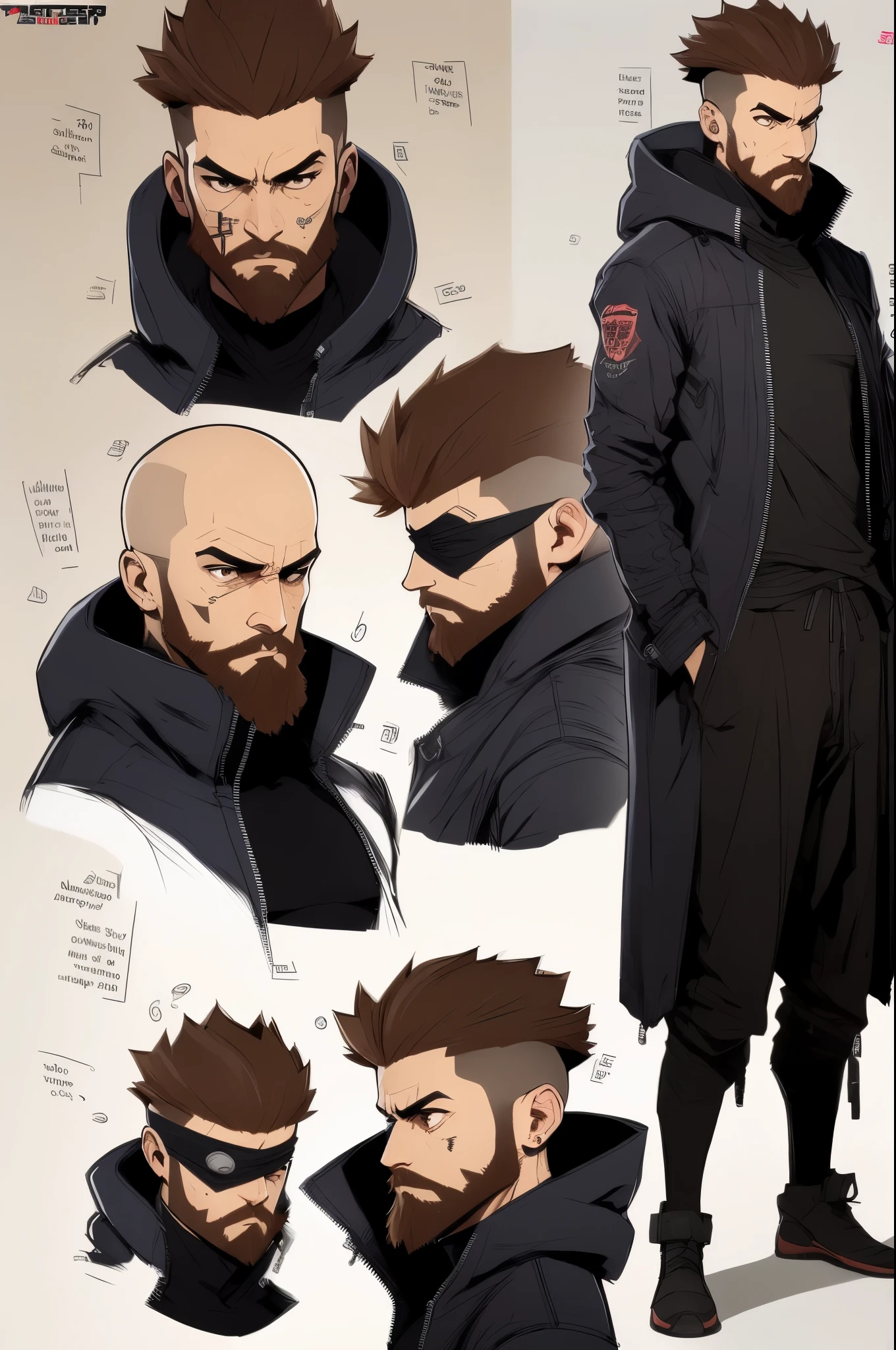 masterpiece, best quality, official art, extremely detailed CG unity 8k wallpaper, elder, detective, thick eyebrows, beard, thinking, short hair, brown hair, eyepatch, gauntlets, hooded cloak, jacket, suit, leather boots