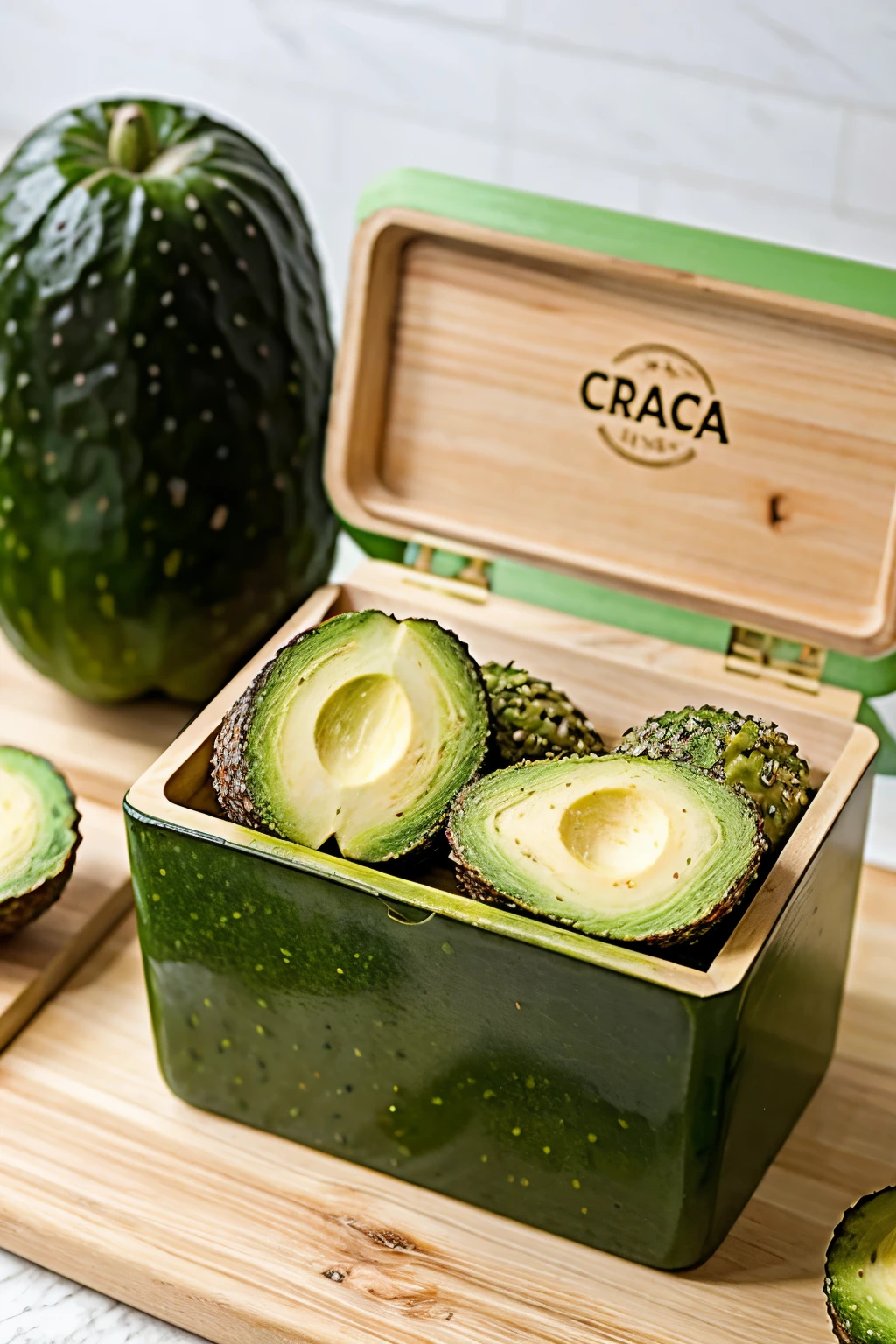 crea una caja de aguacates o paltas, vista de cerca