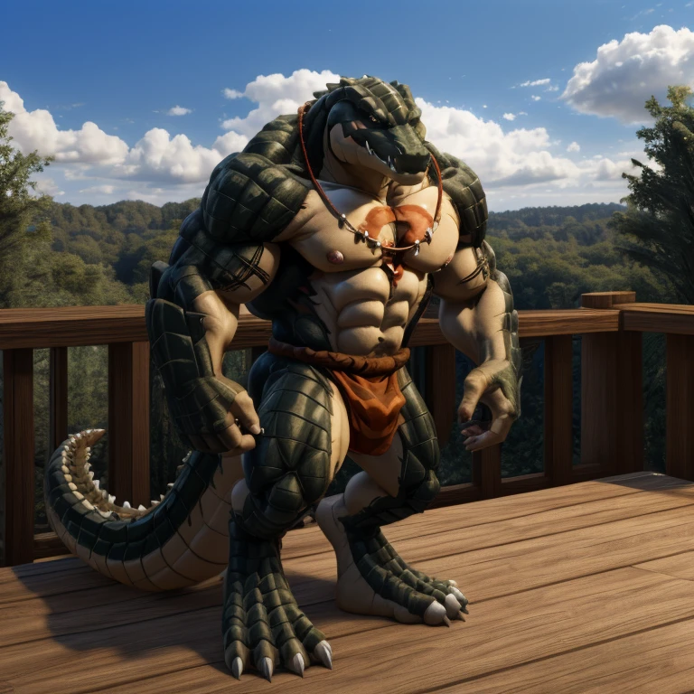 Yam Bolu Gugu, alone,crawler, male, ,Orange chest tattoo,Crocodile,crawler,aldult,alone,4K,best quality,,looking at the audience,,standing,stand,chest muscles,pink nipples,Six-pack abs, broad shoulders, biceps, anatomically correct,,pride,soft shadow,Majestic detailed face,High quality eyes,brown eyes,black pupils,Grandiose,brave,,Confident smile,Strong,mature,,balcony,Blue sky and white clouds