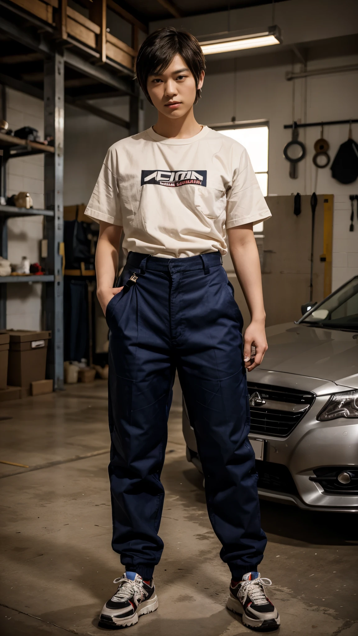 A full body portrait of a Japanese young woman with short hair crossdressing as a man wearing mechanic shirt, long pants, and shoes standing masculinely in a workshop with fierce expression 