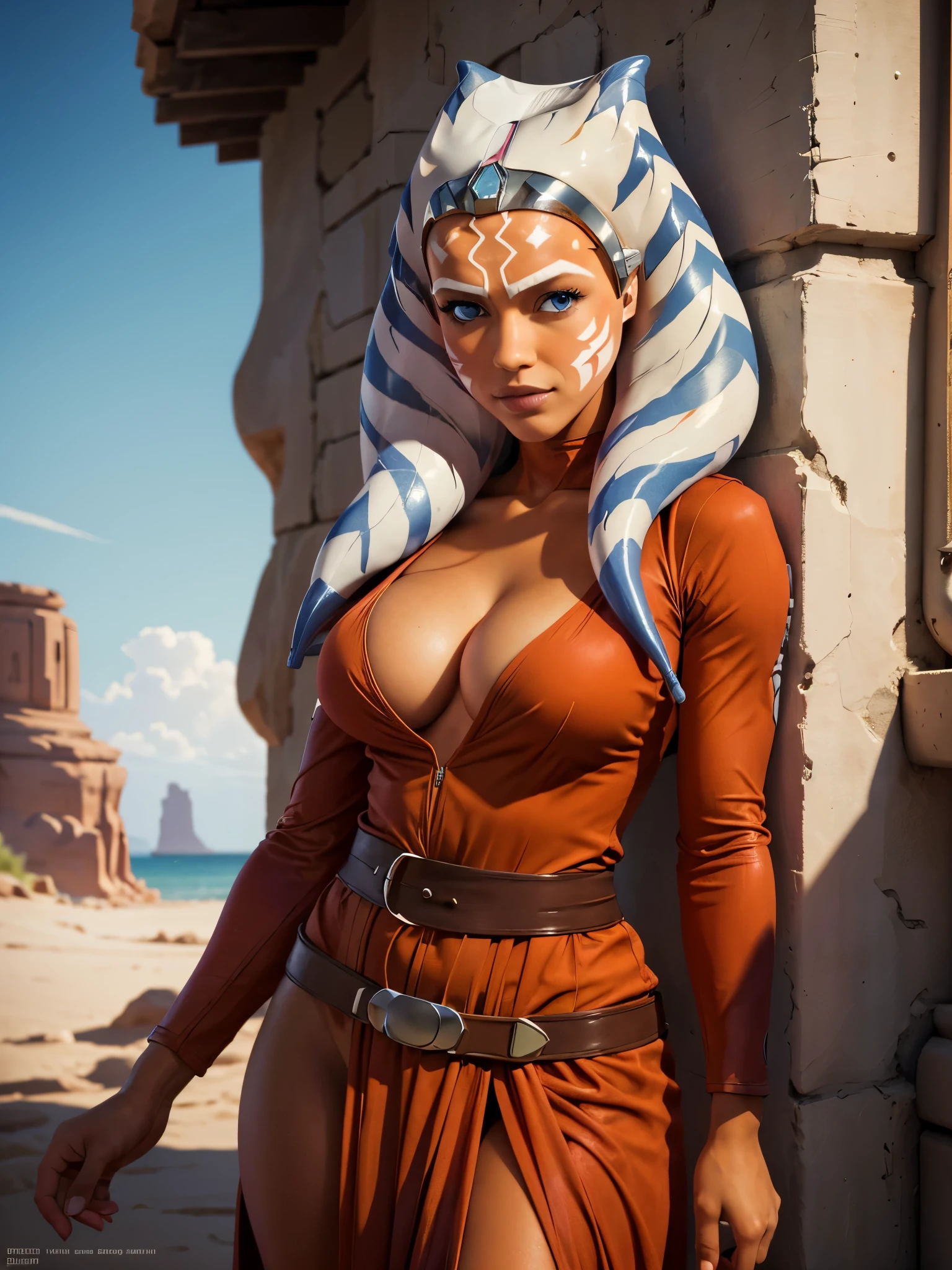 (masterpiece, best quality), 1girl, beautiful face, ahsoka_tano, orange skin, facial mark, tattoo, cleavage, fully clothed, pink clothes, jedi robe, sexy pose, serious look, curvy body, full body shot,