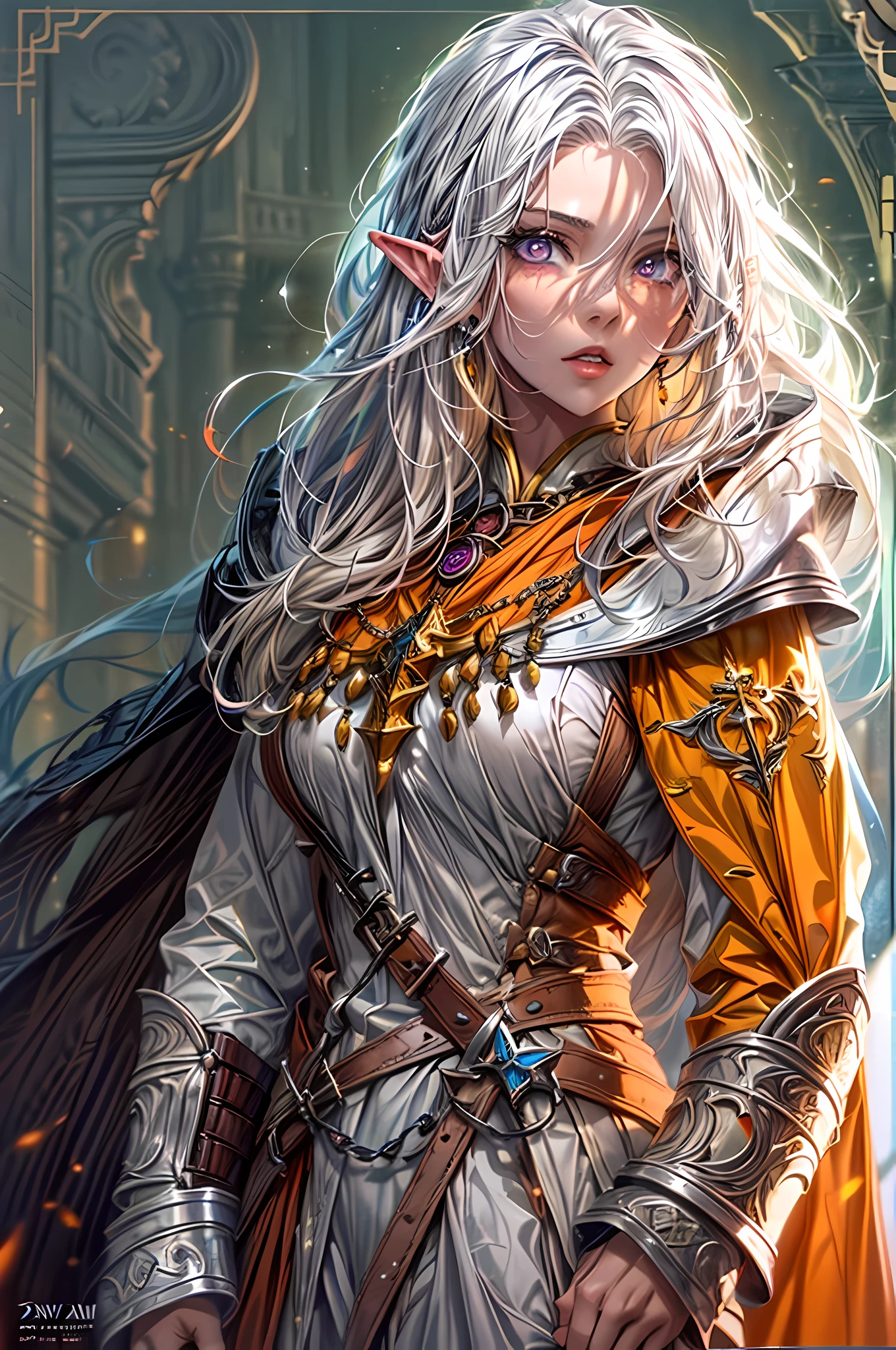 (character design sheet: 1.5) by Larry Elmor, fantasy art, dnd art, RPG art, intense details, highly detailed, photorealistic, (character design sheet: 1.5) a female (fantasy art, Masterpiece, best quality: 1.3) ((blue skin: 1.5)), exquisite beauty, (fantasy art, Masterpiece, best quality) cleric, (blue: 1.3) skinned female, (white hair: 1.4), long hair, (hair hides ears: 1.5), (purple eyes: 1.3), armed a fiery sword red fire, wearing heavy (white: 1.3)  wearing an(orange :1.3) cloak, wearing glowing holy symbol GlowingRunes_yellow, photorealistic, RAW, fantasy art, dnd art, fantasy art, realistic art,((best quality)), ((masterpiece)), (detailed), perfect face,