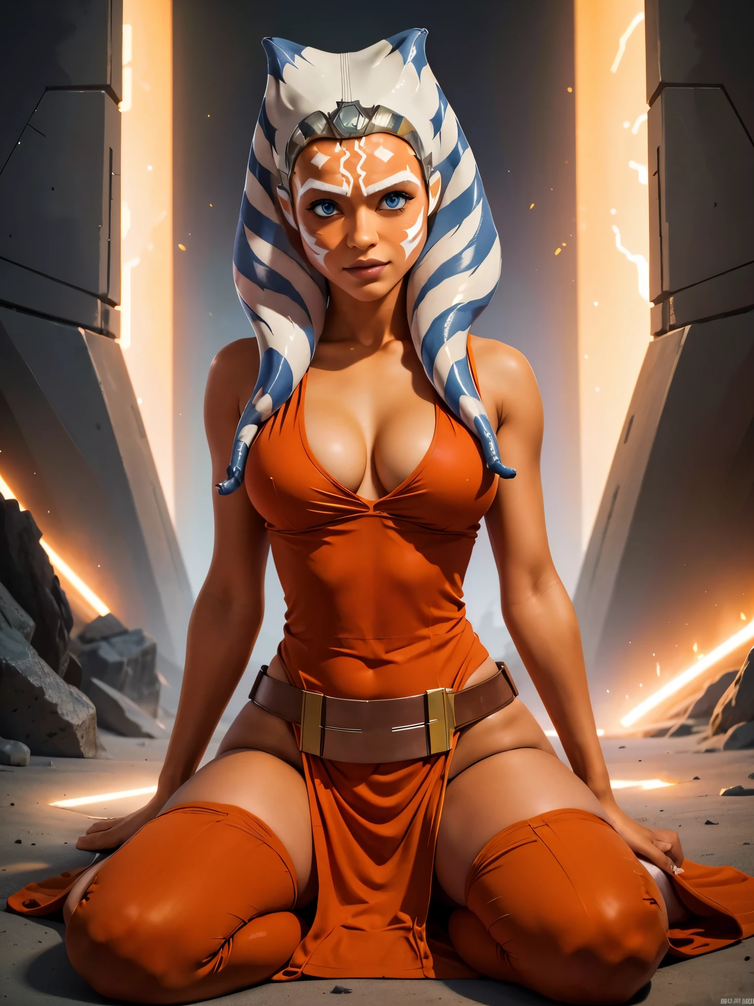 (masterpiece, best quality), 1girl, beautiful face, ahsoka_tano, orange skin, facial mark, tattoo, cleavage, fully clothed, pink clothes, jedi robe, sexy pose, serious look, curvy body, full body shot,