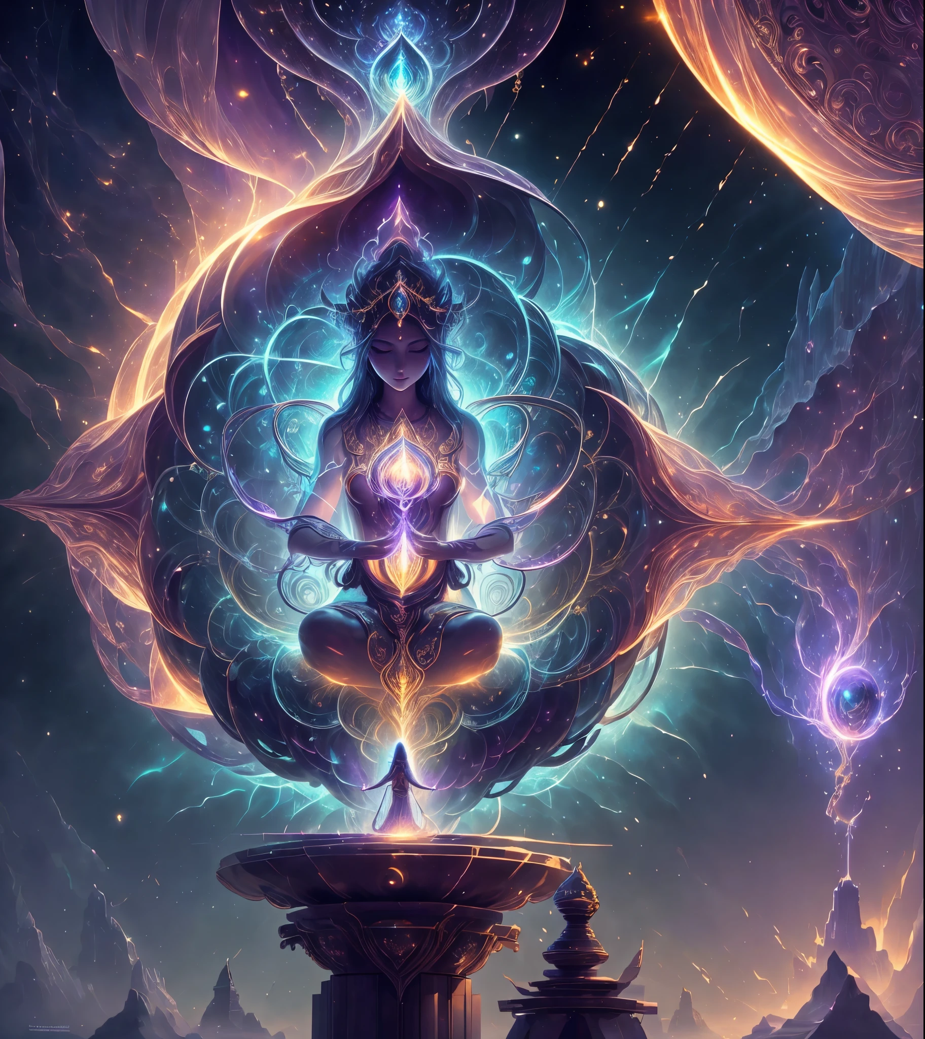 The image unfolds in a surreal and mystical dimension, where an ancient Reiki temple stands as a beacon of spiritual power chakara. The very air seems to shimmer with ethereal energy, creating an otherworldly atmosphere. The temple itself is a grand structure, intricately designed with a harmonious blend of natural elements and mystical symbols. The architecture features ornate carvings that seem to come alive with a play of light and shadow, hinting at the deep wisdom embedded within the walls. The temple is adorned with vibrant stained glass windows that depict scenes of spiritual awakening, each panel telling a unique story. In the foreground, a Reiki priestess is depicted in a state of focused meditation, channeling the profound energy of the universe. She is seated in a lotus position, her posture exuding grace and tranquility. Her eyes are gently closed, indicating a state of deep concentration and alignment with the energy that surrounds her. The priestess's body is illustrated with subtle energy lines and glowing chakra points, emphasizing the flow and balance of spiritual energy within her. Each chakra is depicted in vivid colors, representing their respective energies and attributes. The colors blend seamlessly, creating a visually captivating and harmonious display of the energy centers. The lighting in the image is captivating; it reflects the divine energy that permeates the temple. Soft, diffused light bathes the priestess, enhancing the ethereal and serene quality of the scene. The interplay of light and shadow adds depth, revealing intricate details in the temple's architecture and the priestess's meditative posture. This image is a true masterpiece, capturing the essence of Reiki and its mystical power. The attention to detail, the use of vibrant colors, and the play of light and shadow combine to create an awe-inspiring depiction of spirituality and enlightenment, 4k, imax quality
