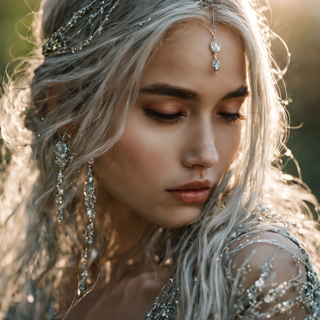 (a beautiful girl|a young woman|a graceful lady) with (shimmering|glistening|silver) ankle-length hair, wearing a (delicate|airy|flowing) tribal outfit (made of|spun from) (fine|delicate) (spider silk|silk), (resembling|similar to) a dark elf. She appears to be around 25 years old. The (immaculate|intricate) tribal patterns on her outfit add to her (mysterious|enchanting) aura. Her (piercing|alluring) eyes are (bright|sparkling) and (full of determination). Her (lipouth) are perfectly shaped and adorned with a (subtle|gentle) hint of color. She is (gracefully|elegantly) (bent down|crouching|stooped) by a (clear|crystal-like) stream, delicately gathering water with her (bare|long-fingered) hands. The stream's clear water reflects the surrounding (lush|vibrant) vegetation, adding a (serene|calming) touch to the scene. (Sunlight|Gentle rays of sunlight) peep through the canopy, (illuminating|highlighting) her (radiant|luminous) features. The atmosphere is filled with a sense of tranquility and (harmony|peace). The image quality is of the utmost importance, with (best quality|4k resolution|ultra-detailed) details. The colors are (vivid|rich|deep), enhancing the overall (visual impact|aesthetic appeal). The lighting is (soft|gentle|subtle) yet (enough to accentuate|perfectly highlighting) the girl's facial features and the landscape. The blend of (nature-inspired|ethereal) tones and shades adds a touch of (mysticism|magic) to the artwork. The artistic style successfully combines elements of fantasy and realism, with a focus on (capturing|portraying) the girl's (natural beauty|ethereal grace). The scene is reminiscent of a (captivating|enchanting) artwork that invites viewers into a world of wonder and awe.