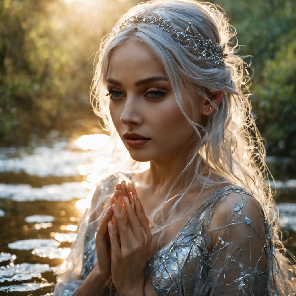 (a beautiful girl|a young woman|a graceful lady) with (shimmering|glistening|silver) ankle-length hair, wearing a (delicate|airy|flowing) tribal outfit (made of|spun from) (fine|delicate) (spider silk|silk), (resembling|similar to) a dark elf. She appears to be around 25 years old. The (immaculate|intricate) tribal patterns on her outfit add to her (mysterious|enchanting) aura. Her (piercing|alluring) eyes are (bright|sparkling) and (full of determination). Her (lipouth) are perfectly shaped and adorned with a (subtle|gentle) hint of color. She is (gracefully|elegantly) (bent down|crouching|stooped) by a (clear|crystal-like) stream, delicately gathering water with her (bare|long-fingered) hands. The stream's clear water reflects the surrounding (lush|vibrant) vegetation, adding a (serene|calming) touch to the scene. (Sunlight|Gentle rays of sunlight) peep through the canopy, (illuminating|highlighting) her (radiant|luminous) features. The atmosphere is filled with a sense of tranquility and (harmony|peace). The image quality is of the utmost importance, with (best quality|4k resolution|ultra-detailed) details. The colors are (vivid|rich|deep), enhancing the overall (visual impact|aesthetic appeal). The lighting is (soft|gentle|subtle) yet (enough to accentuate|perfectly highlighting) the girl's facial features and the landscape. The blend of (nature-inspired|ethereal) tones and shades adds a touch of (mysticism|magic) to the artwork. The artistic style successfully combines elements of fantasy and realism, with a focus on (capturing|portraying) the girl's (natural beauty|ethereal grace). The scene is reminiscent of a (captivating|enchanting) artwork that invites viewers into a world of wonder and awe.