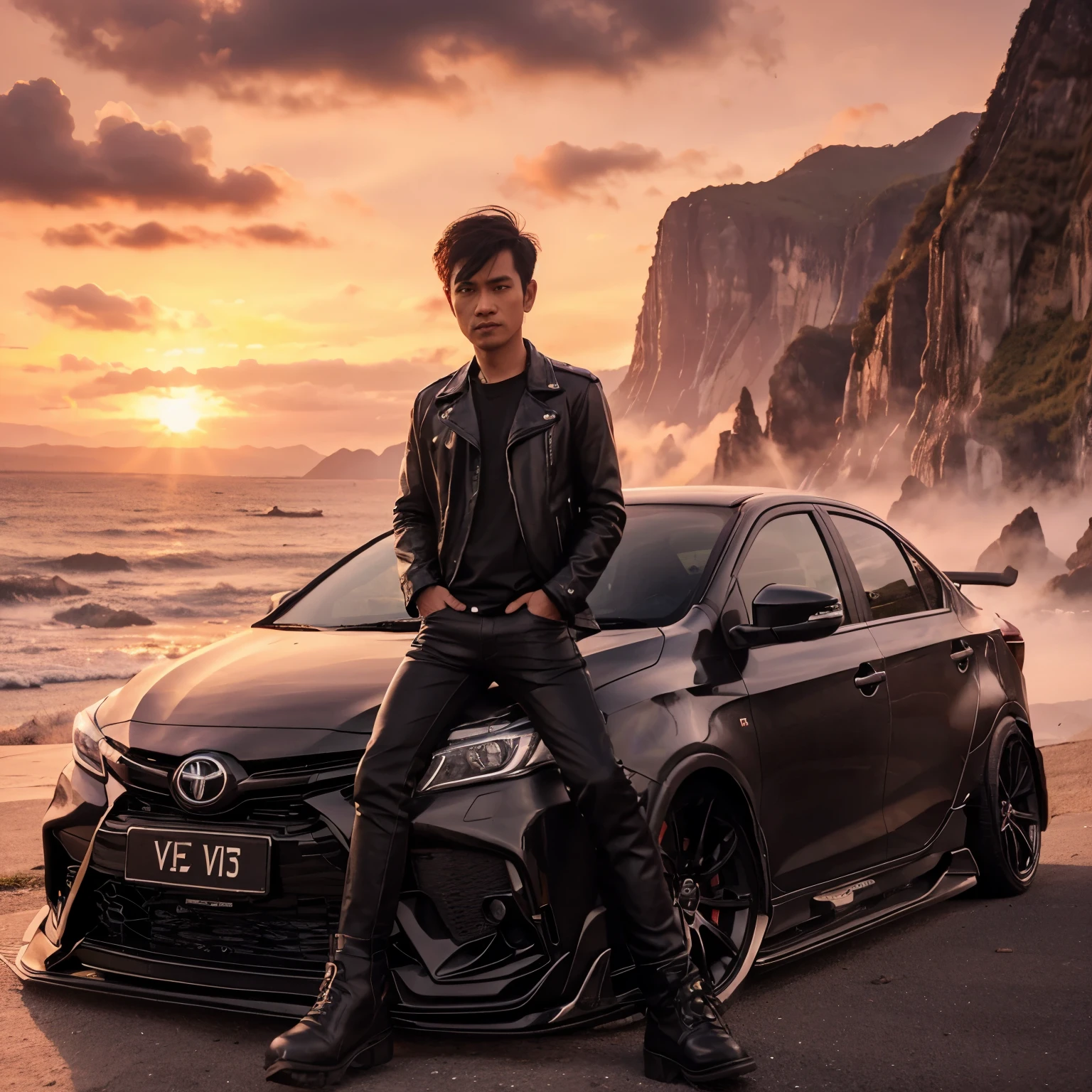 4D caricature of an Indonesian man wearing a black leather jacket, black jeans, boots, and short hair, standing with his back to a modified 2nd generation Toyota Vios car with a backdrop of mountains