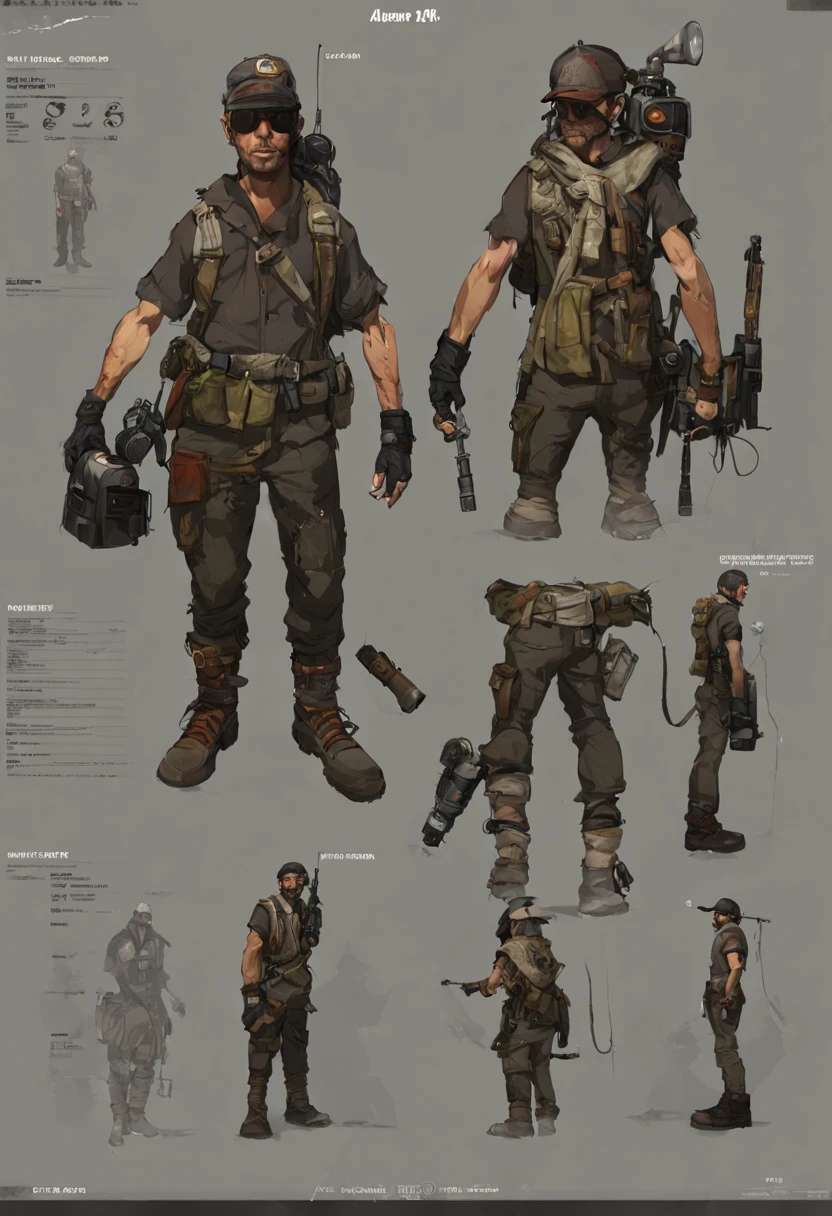 character reference sheet {Realistic character design sheet of a post-apocalyptic survivor, various poses showing scavenged gear and clothing, map and radio equipment close-ups, weathered and resilient facial features, Nikon D3, Wide angle lens} . turnaround views, detailed anatomy, color palette, multiple poses, highly detailed, multiple views of the same character, model sheet, character sheet