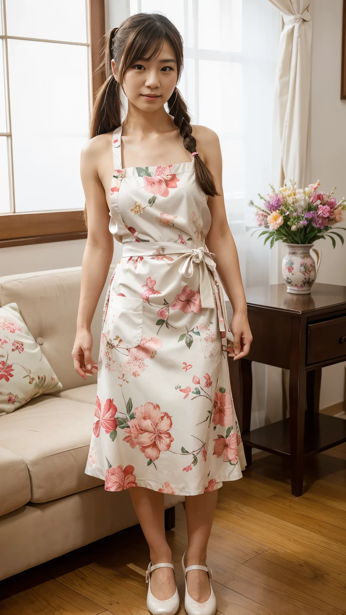 full body, Realistic, Photography, Indonesian women, 23 years, Housewife, high bun hair, slim body, fair skin, cute face, floral negligee, white apron, and sandals, standing in the kitchen, facing the camera, stand up straight, graceful pose, sweet expression, detailed face, detailed background, bright light, sunlight