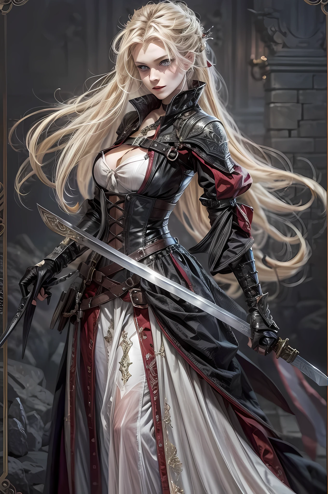 (character design sheet: 1.5) by larry elmor, extremely beautiful female vampire, blond hair, long hair, red eyes, pale skin, wearing intricate dress, holding a (sword: 1.1), high details, best quality, 16k, RAW, [best detailed], masterpiece, best quality, (extremely detailed), full body, ultra wide shot, photorealistic, dark fantasy art, goth art, RPG art, D&D art, aHigh Detail, Ultra High Quality, High Resolution, 16K Resolution, Ultra HD Pictures, Ultra Realistic, Clear Details, Realistic Detail, Ultra High Definition hihelz