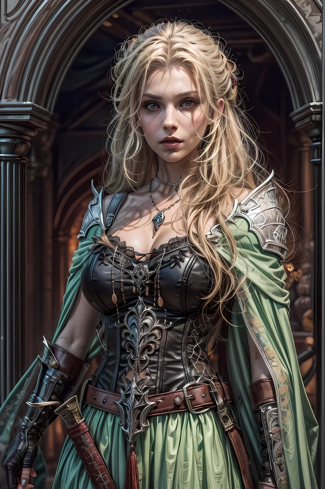 (character design sheet: 1.5) by Julie Bell, extremely beautiful female vampire, blond hair, long hair, red eyes, pale skin, wearing intricate dress, holding a (sword: 1.1), high details, best quality, 16k, RAW, [best detailed], masterpiece, best quality, (extremely detailed), full body, ultra wide shot, photorealistic, dark fantasy art, goth art, RPG art, D&D art, aHigh Detail, Ultra High Quality, High Resolution, 16K Resolution, Ultra HD Pictures, Ultra Realistic, Clear Details, Realistic Detail, Ultra High Definition hihelz