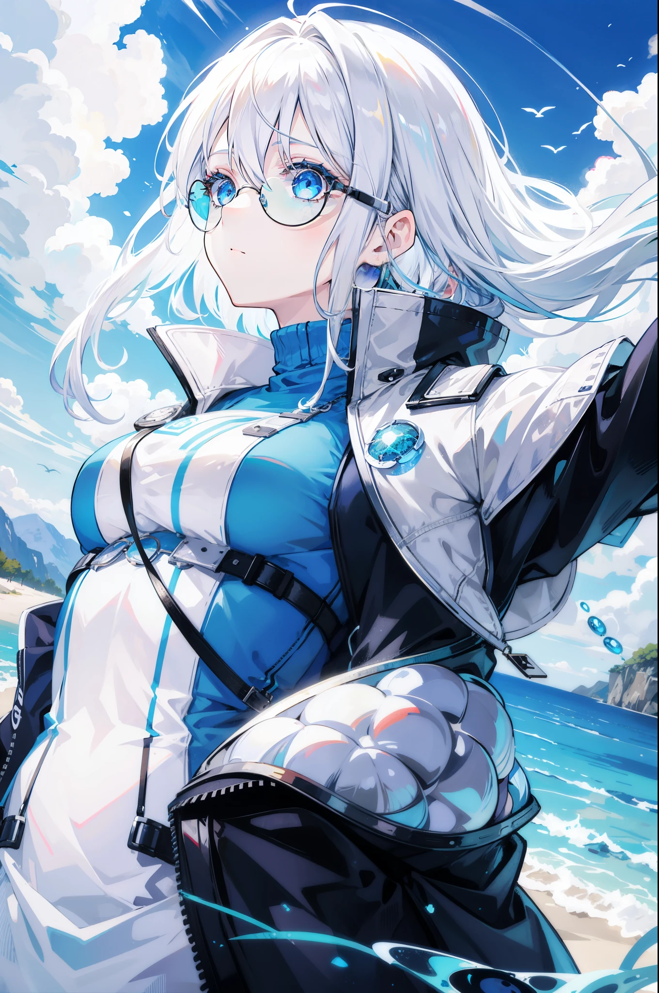 Girl with radiant white hair cascading down her back and captivating blue eyes, adorned with blue circle sunglasses, dons a jacket concealing a cozy turtleneck beneath. Her youthful visage exudes an air of mystery, with oceanic eyes that reflect tranquility and wonder. (Landscape background: 1.5, sunglasses: 0.3)