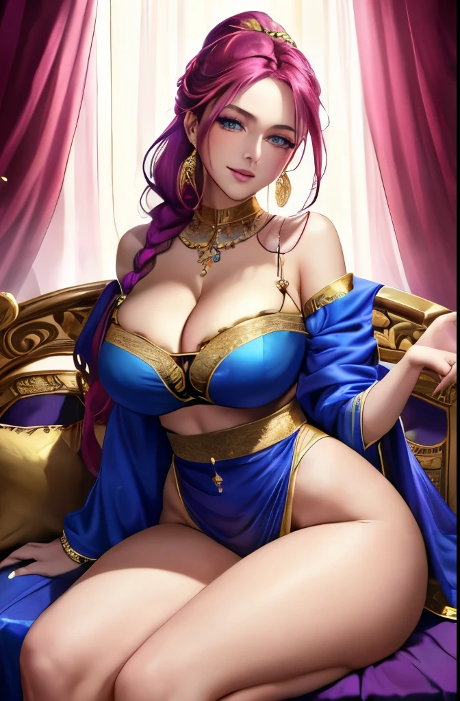 slim waist, slender torso, big pouty lips, coy smile, lips parted, blushing, almond-shaped-eyes, 4k, 8k ), ((wide hips, thick thighs)), huge breasts, boob squish, sitting on  silk couch, backlit, looking at viewer, low camera lens shot (masterpiece), (best quality:1.2), absurdres, intricate details, (highly detailed skin:1.2), ((luminous)) (((vivid bold color))) ((cinematic presentation)), long curly hair, blue eyes,  (((SOLO))), (((CLEAVAGE))), long braided ponytail, crystal ball on table, gypsy clothes, fortune teller, gold jewelry, silk pillows, bare shoulders