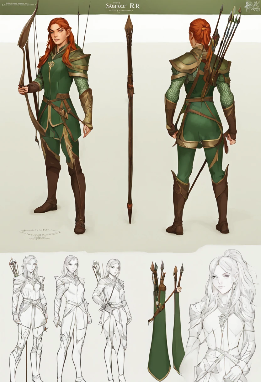 character reference sheet {Realistic character design sheet of an elven archer, serene forest setting, multiple action poses with bow and quiver, detailed hair and leaf-patterned armor, close-up of eyes with mystical glow, Canon EOS R3, Focal length 85mm} . turnaround views, detailed anatomy, color palette, multiple poses, highly detailed, multiple views of the same character, model sheet, character sheet