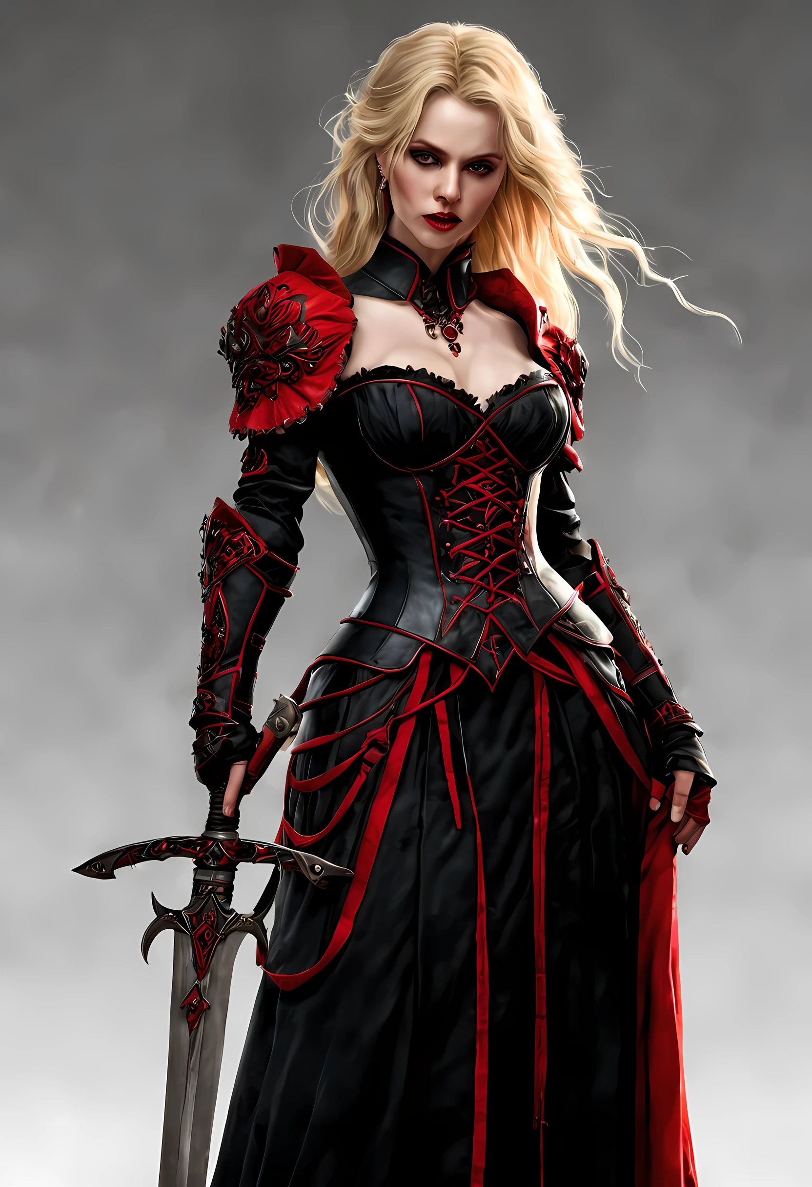 (character design sheet: 1.5) by larry elmor, extremely beautiful female vampire, blond hair, long hair, red eyes, pale skin, wearing intricate dress, holding a (sword: 1.1), high details, best quality, 16k, RAW, [best detailed], masterpiece, best quality, (extremely detailed), full body, ultra wide shot, photorealistic, dark fantasy art, goth art, RPG art, D&D art, aHigh Detail, Ultra High Quality, High Resolution, 16K Resolution, Ultra HD Pictures, Ultra Realistic, Clear Details, Realistic Detail, Ultra High Definition hihelz