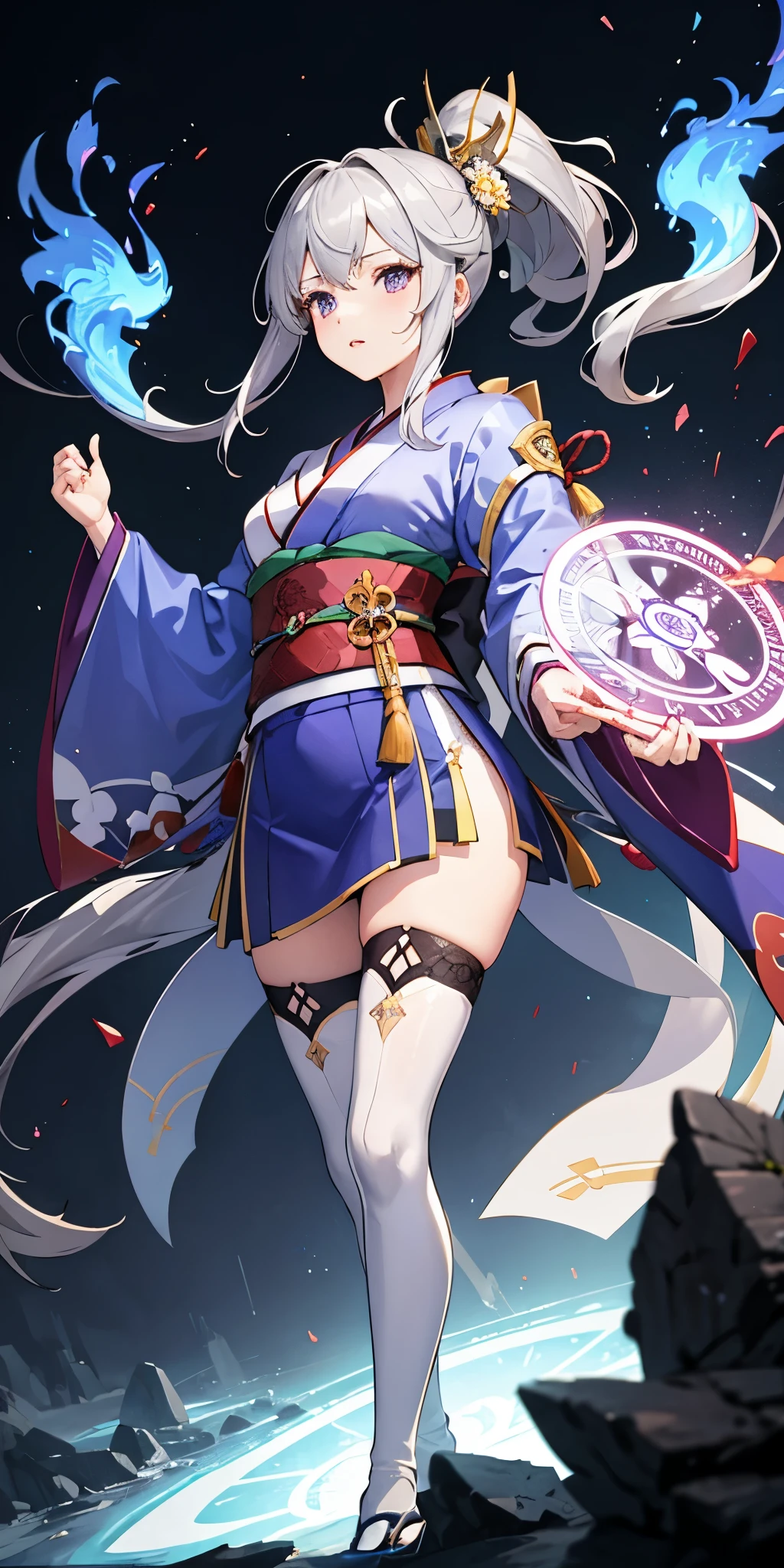 1 girl, kimono, ponytail ,gray hair, purple eyes, magic circle, blue fire, blue flame, wallpaper, landscape, Blood, Blood splatter, Depth of the bounds written, night, particles of light, light, side light, thighs, destiny \(series\), genshin impact, ****, open jacket, skirt, Thighhighs, cloud