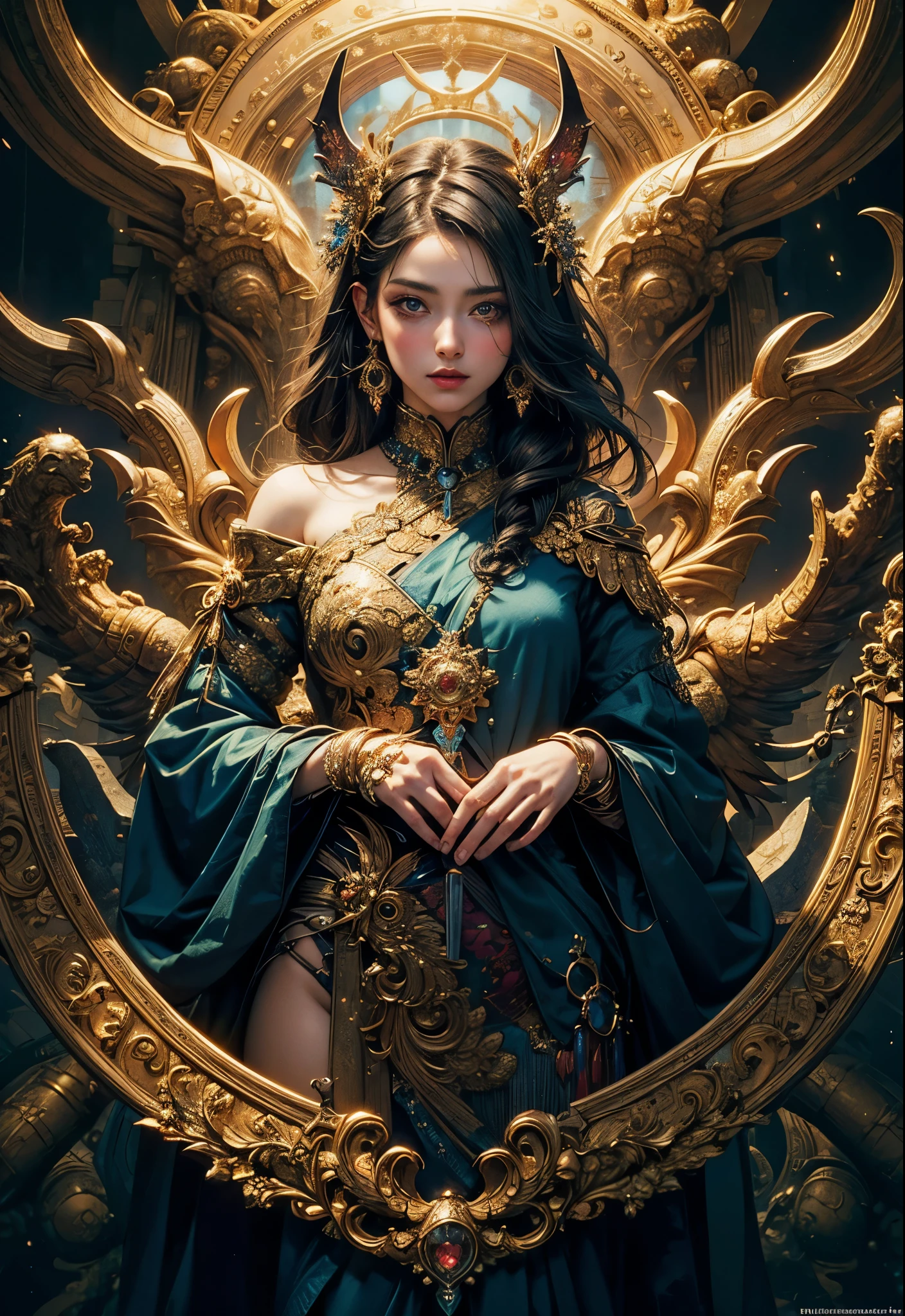 (masterpiece、highest quality、highest quality、official art、beautiful and aesthetic:1.2)、(1girl)、Extreme Details、colorful、highest details、official art、unity 8k wallpaper、Super detailed、beautiful and aesthetic、beautiful、masterpiece、highest quality、(zentangle、mandala、tangle、entanglement)、holy light、gold foil、gold foilアート、Glitter painting、PerfectNwsjMajmagic