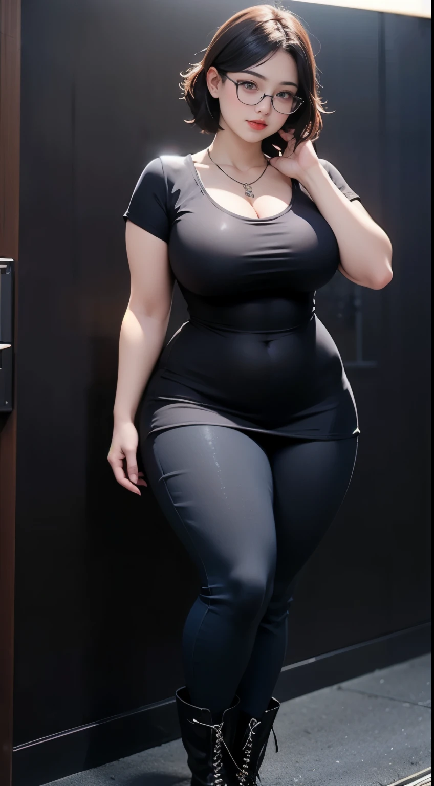 ((best quality)), ((masterpiece)), (detailed), perfect face, chubby woman, chubby face , chubby girl , widest hips , fat belly , thick neck ,, thicc , thick body , thick thighs , thick arm, small breasts but her body is a chubby, full body view, dark-black room, black bokeh background, tight dress, wearing high laced boots, short hairstyle, diamond necklace, wearing a watch, tall woman, restore face, white skin , longest tight pants , glasses , cold vibes, , 4k resolution, japanese goddess,voluptuous, looking at viewer, dominant