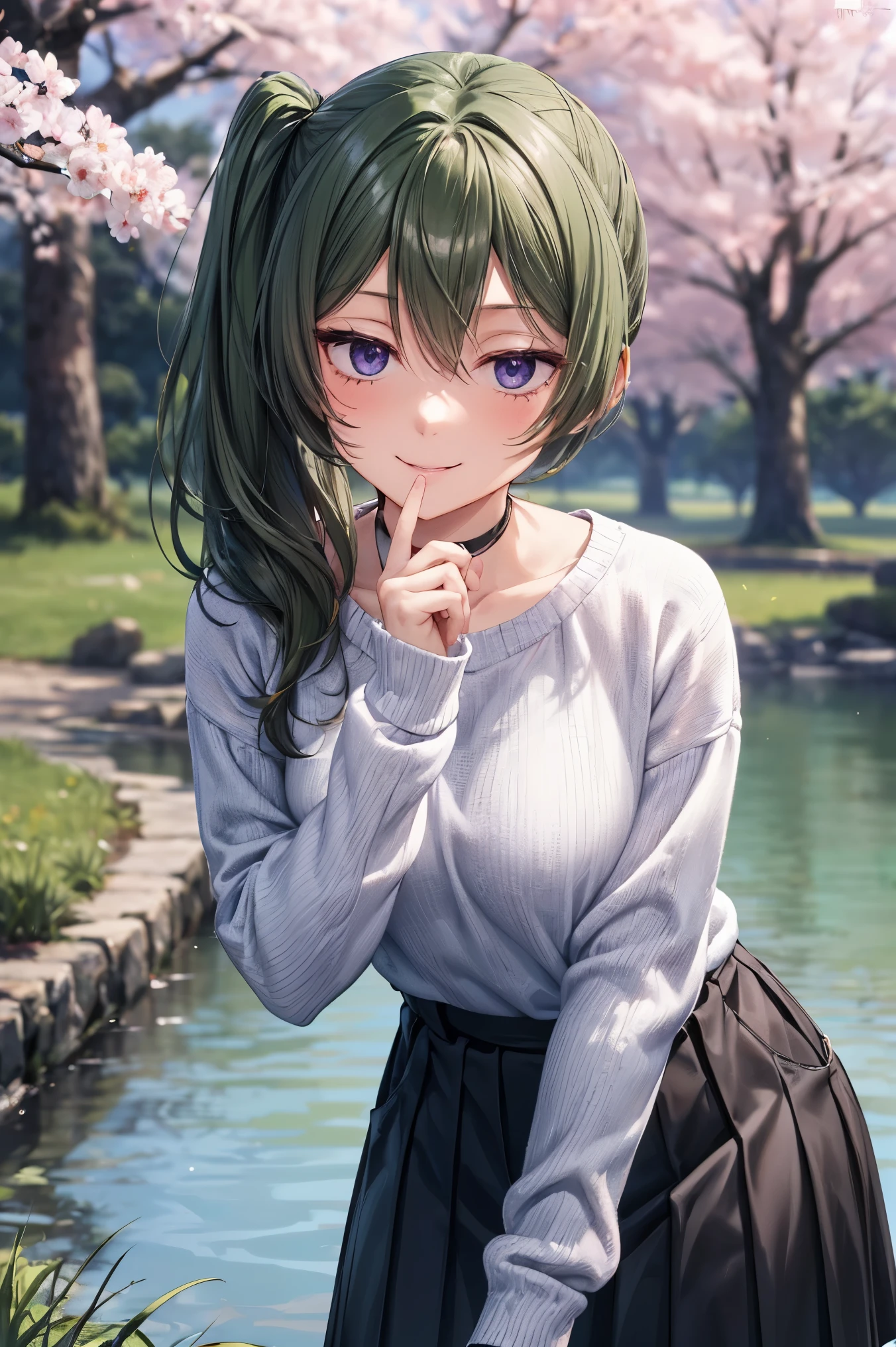 master piece, best quality, 8k, ultra high resolution, highest quality, anime style, best writing, beautiful face, 傑作
Face up, look at viewer, smile, blush, Yubel, long hair, Side ponytail
(White over size knit:1.3), (long sleeve:1.1), (black long skirt:1.3), Along the Muffler River, bank, lots of cherry blossom trees, put your hand on your mouth, (leaning forward:1.1)