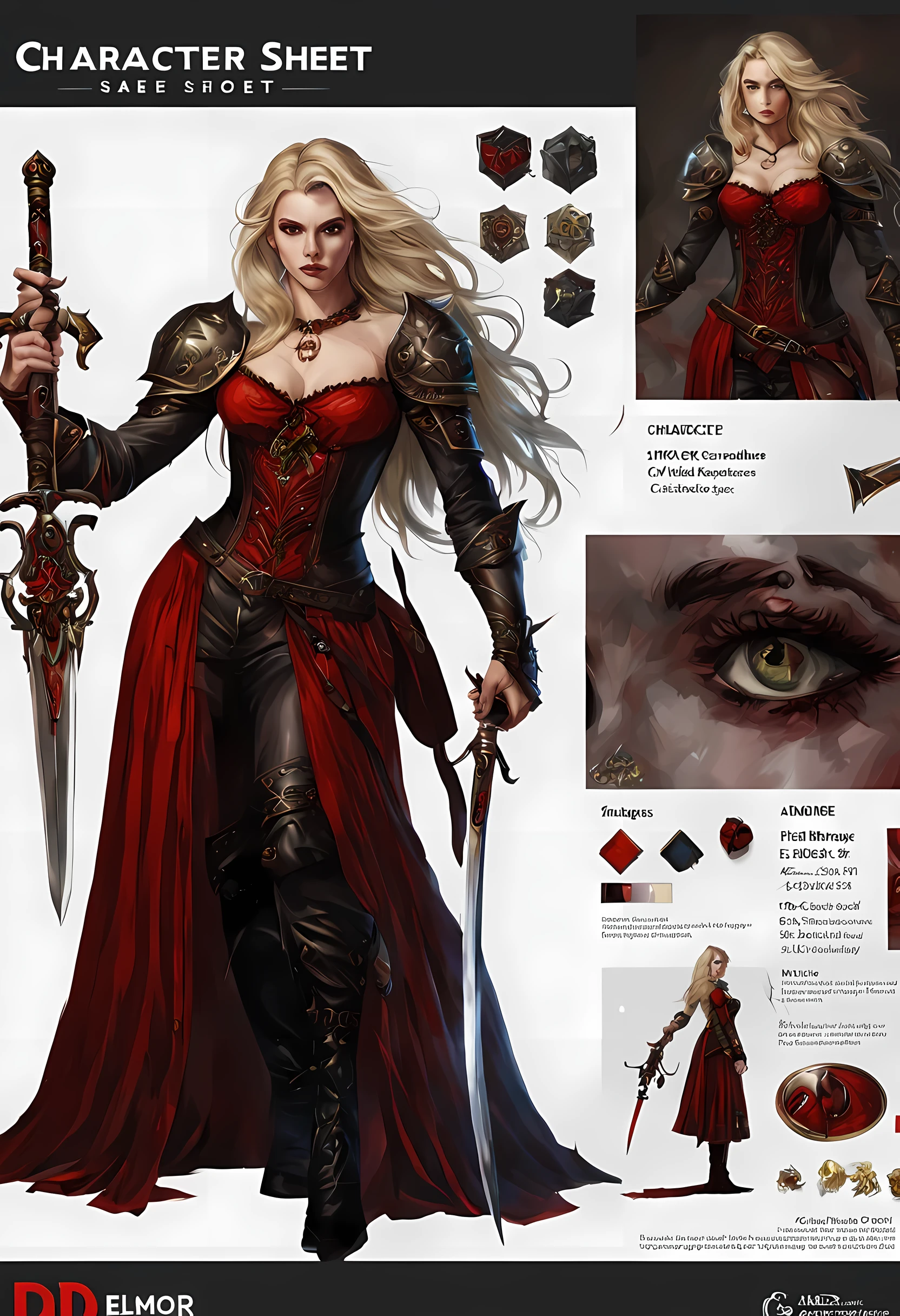 (character design sheet: 1.5) by larry elmor, extremely beautiful female vampire, blond hair, long hair, red eyes, pale skin, wearing intricate dress, holding a (sword: 1.1), high details, best quality, 16k, RAW, [best detailed], masterpiece, best quality, (extremely detailed), full body, ultra wide shot, photorealistic, dark fantasy art, goth art, RPG art, D&D art, aHigh Detail, Ultra High Quality, High Resolution, 16K Resolution, Ultra HD Pictures, Ultra Realistic, Clear Details, Realistic Detail, Ultra High Definition hihelz, wearing collar