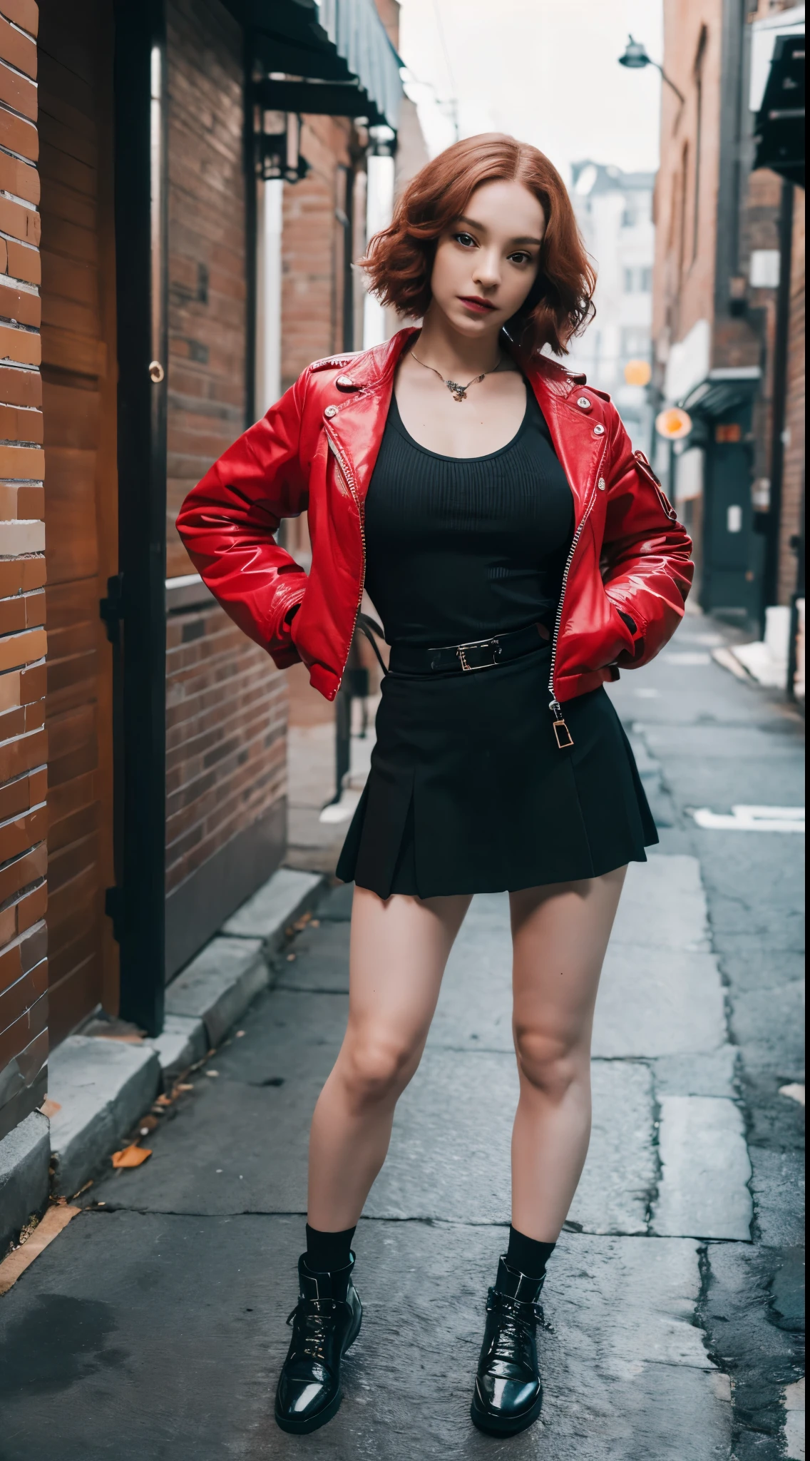 (8k,4k, masterpiece, hyper extreme detailed:1.2), best quality, Emma Myers, Red short wavy hair, black tanktop, jacket, skirt, glove, black shoes, stands full body