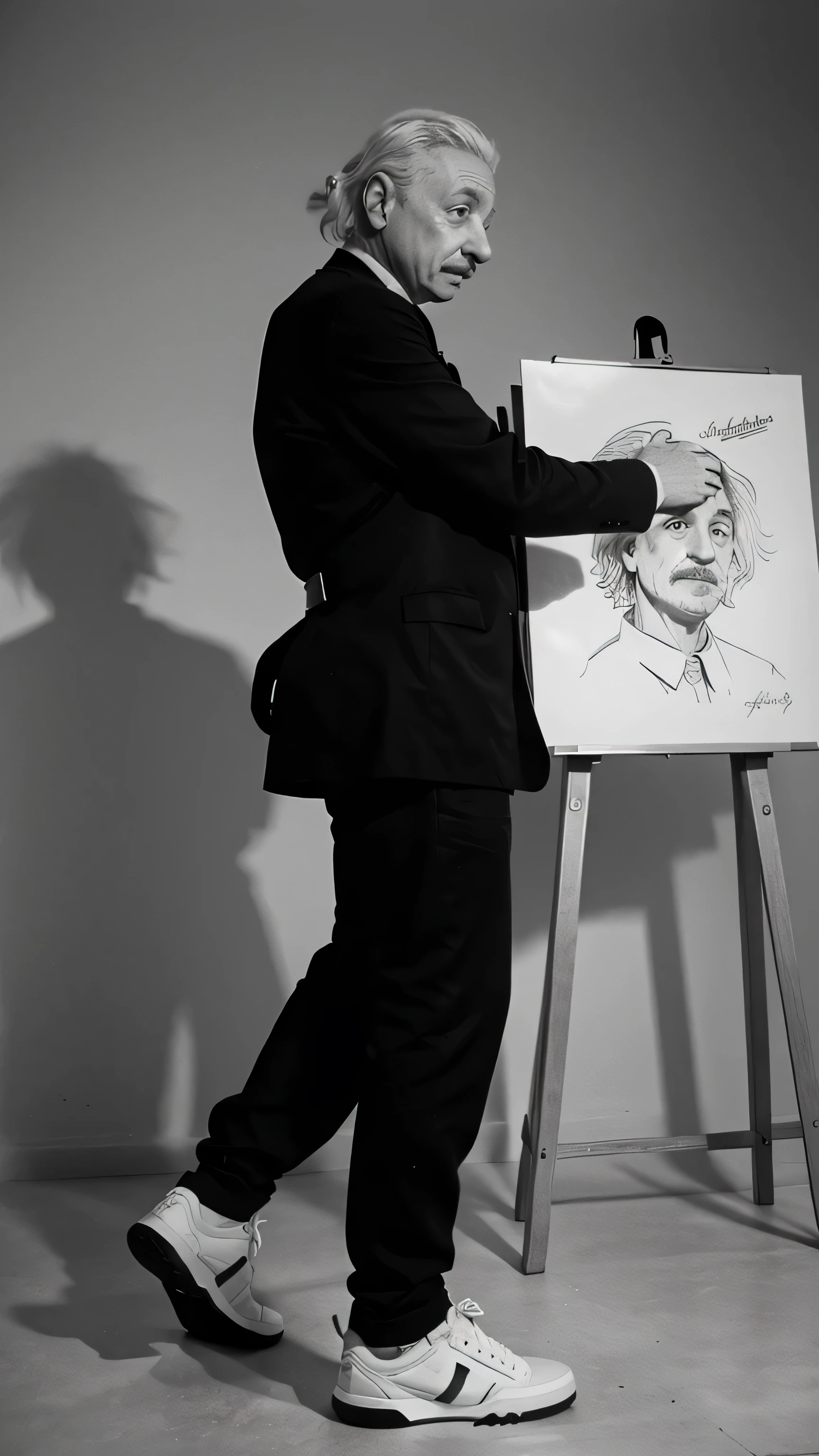 Albert Einstein with nice shoes drawing at the board, side view, black and white