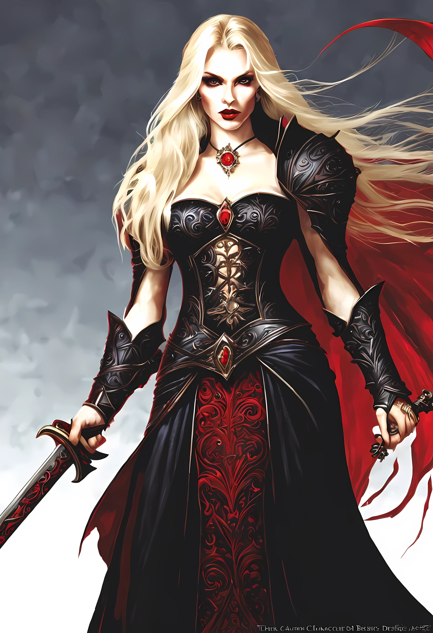 (character design sheet: 1.5) by larry elmor, extremely beautiful female vampire, blond hair, long hair, red eyes, pale skin, wearing intricate dress, holding a (sword: 1.1), high details, best quality, 16k, RAW, [best detailed], masterpiece, best quality, (extremely detailed), full body, ultra wide shot, photorealistic, dark fantasy art, goth art, RPG art, D&D art, aHigh Detail, Ultra High Quality, High Resolution, 16K Resolution, Ultra HD Pictures, Ultra Realistic, Clear Details, Realistic Detail, Ultra High Definition hihelz